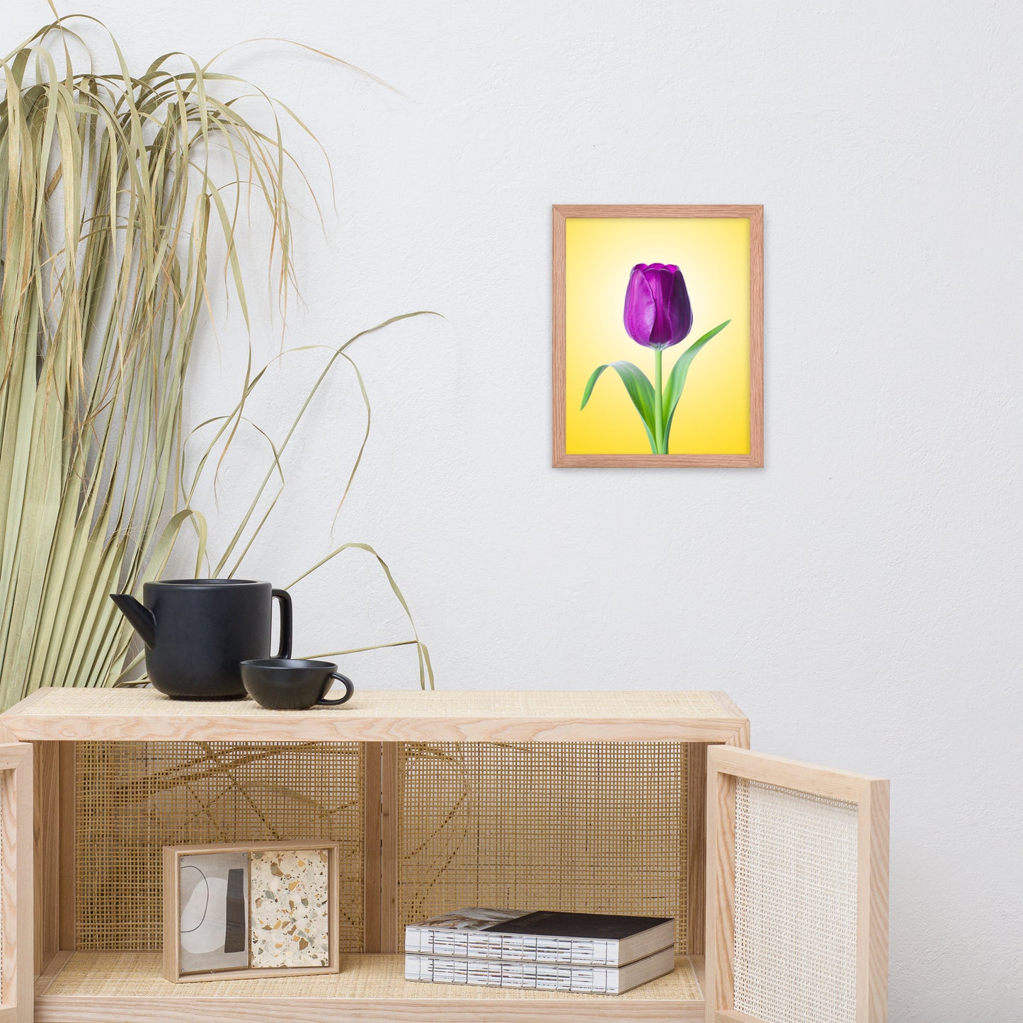 Purple Tulip on Yellow Minimal Floral Nature Photo Framed Wall Art Print