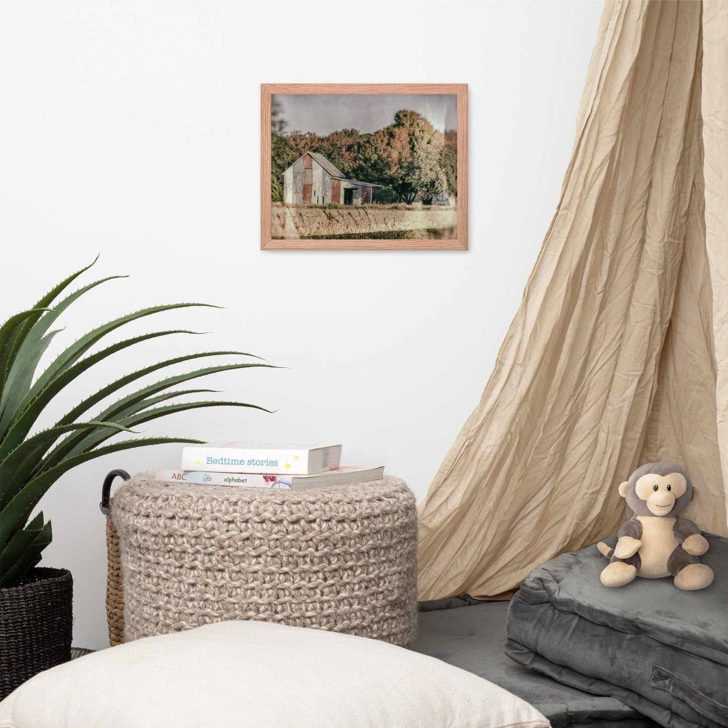 Patriotic Weathered Barn in Field - Glass Plate Framed Photo Paper Wall Art Prints