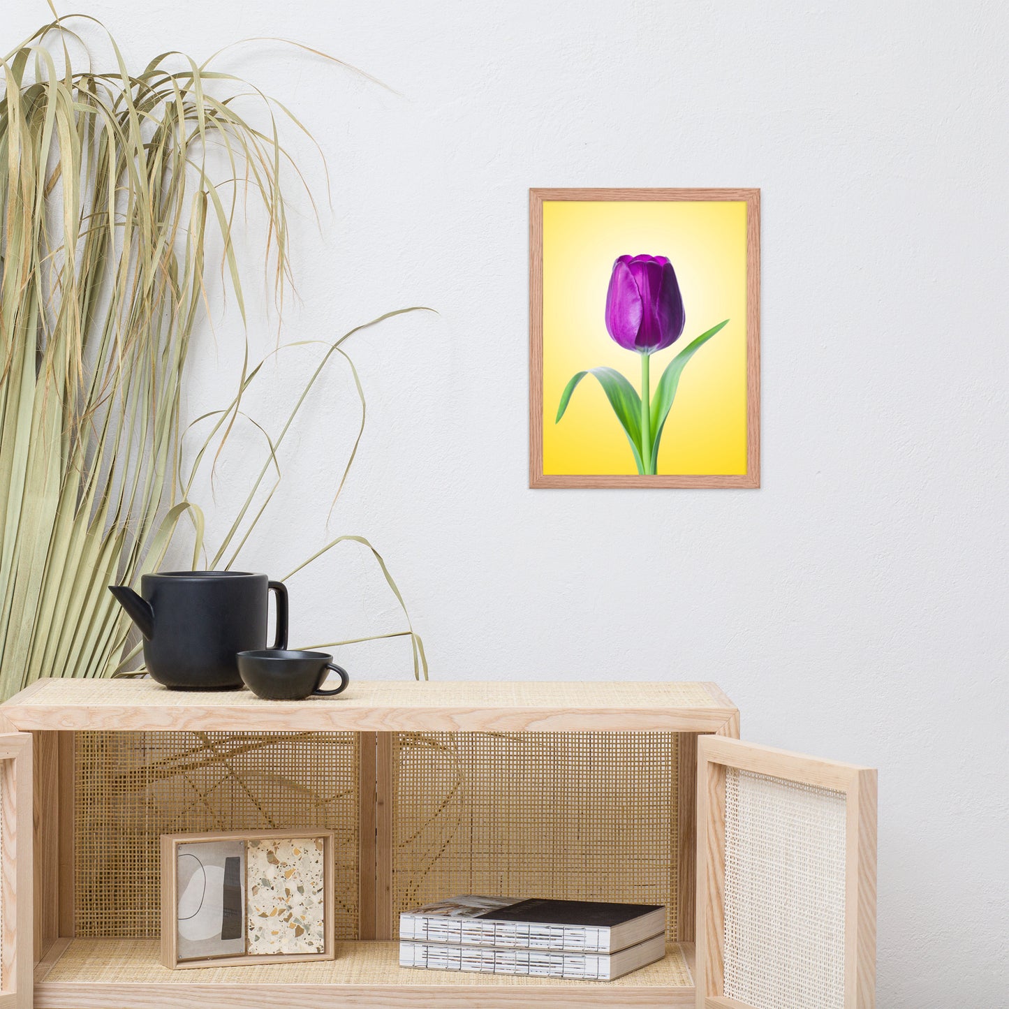 Purple Tulip on Yellow Minimal Floral Nature Photo Framed Wall Art Print