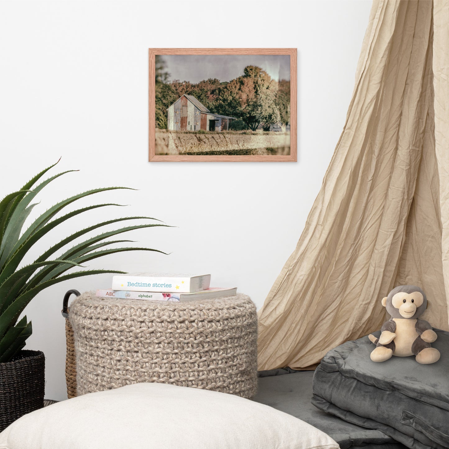 Patriotic Weathered Barn in Field - Glass Plate Framed Photo Paper Wall Art Prints