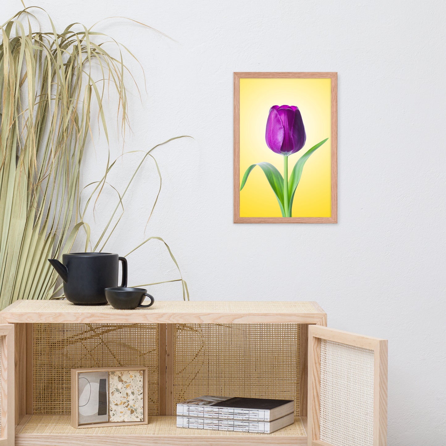 Purple Tulip on Yellow Minimal Floral Nature Photo Framed Wall Art Print