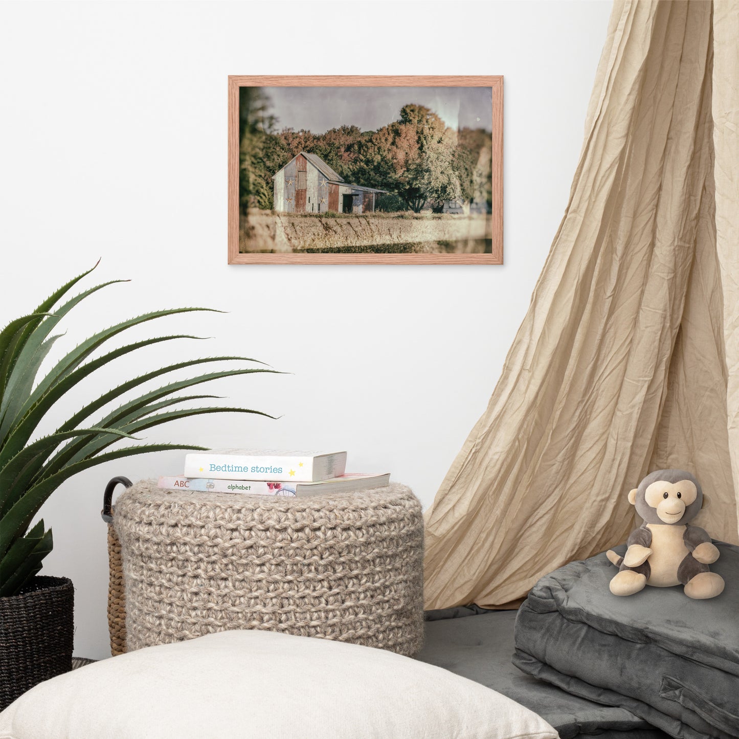 Patriotic Weathered Barn in Field - Glass Plate Framed Photo Paper Wall Art Prints