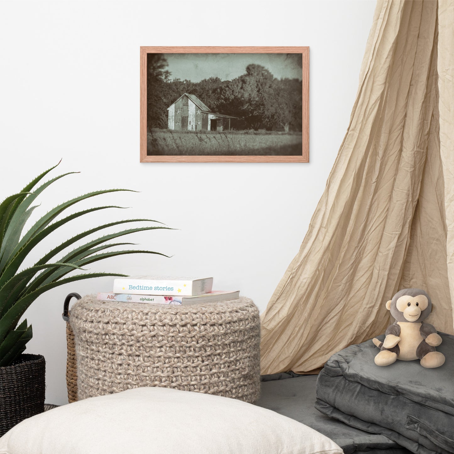 Patriotic Barn in Field Vintage Black and White Glass Plate Framed Photo Paper Wall Art Prints