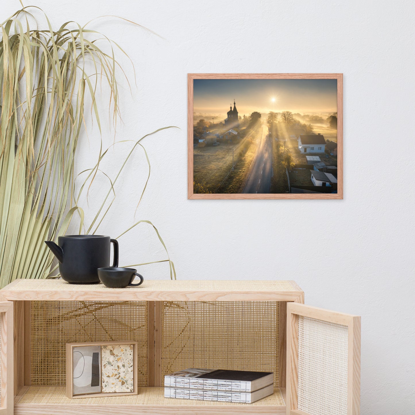 Misty Rural Town Sunrise in Autumn with Glory Rays Framed Wall Art Prints