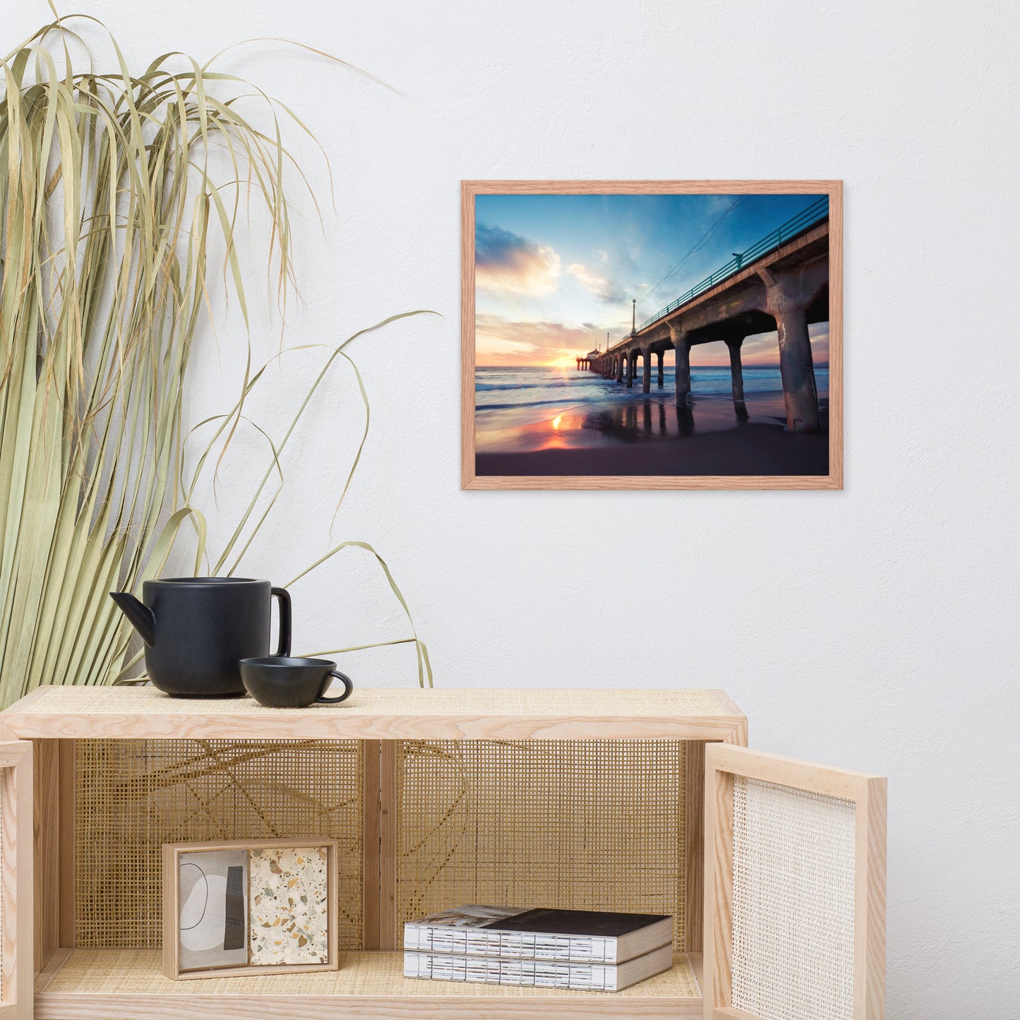 Tranquil Manhattan Beach Pier at Sunset Coastal Landscape Photo Framed Wall Art Prints