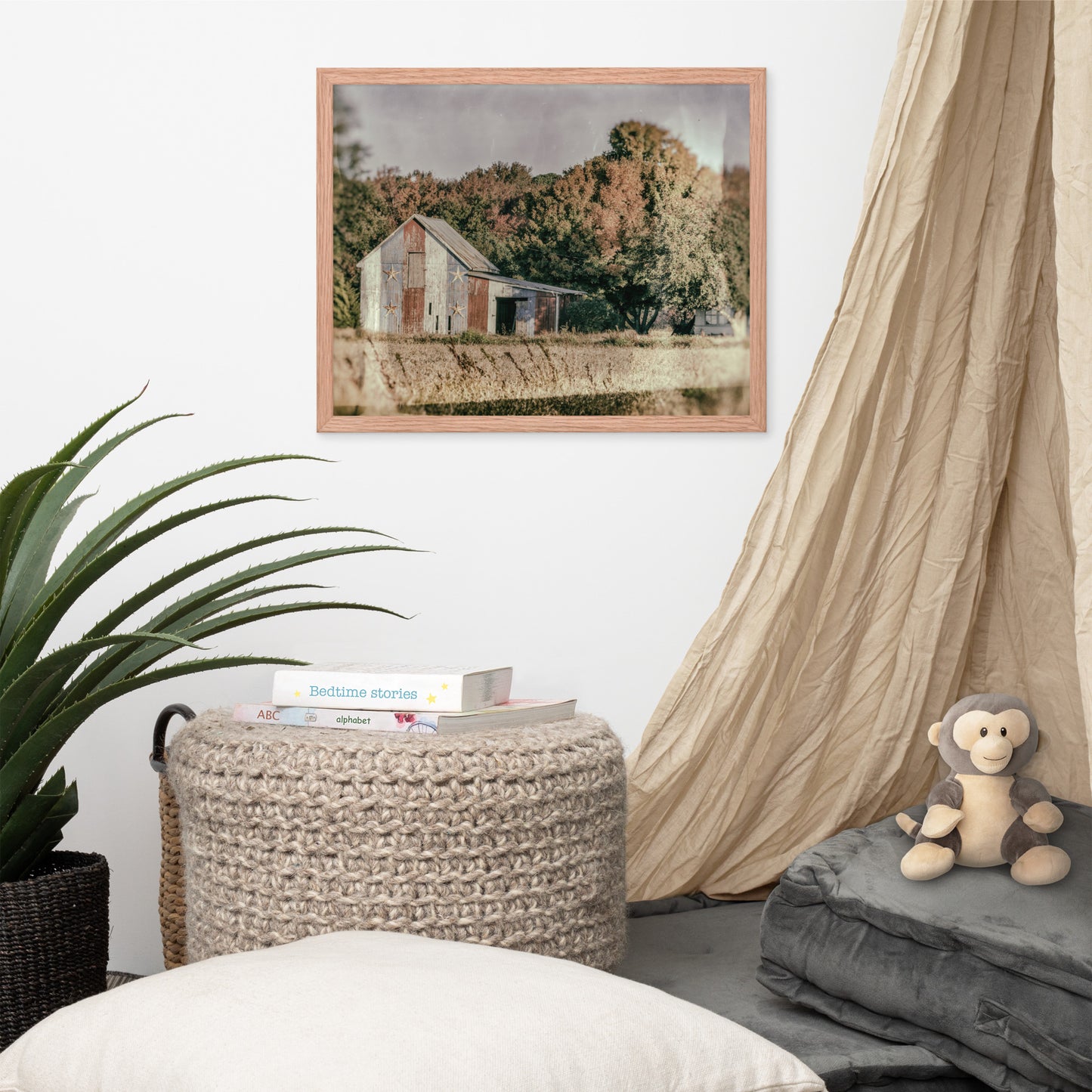 Patriotic Weathered Barn in Field - Glass Plate Framed Photo Paper Wall Art Prints