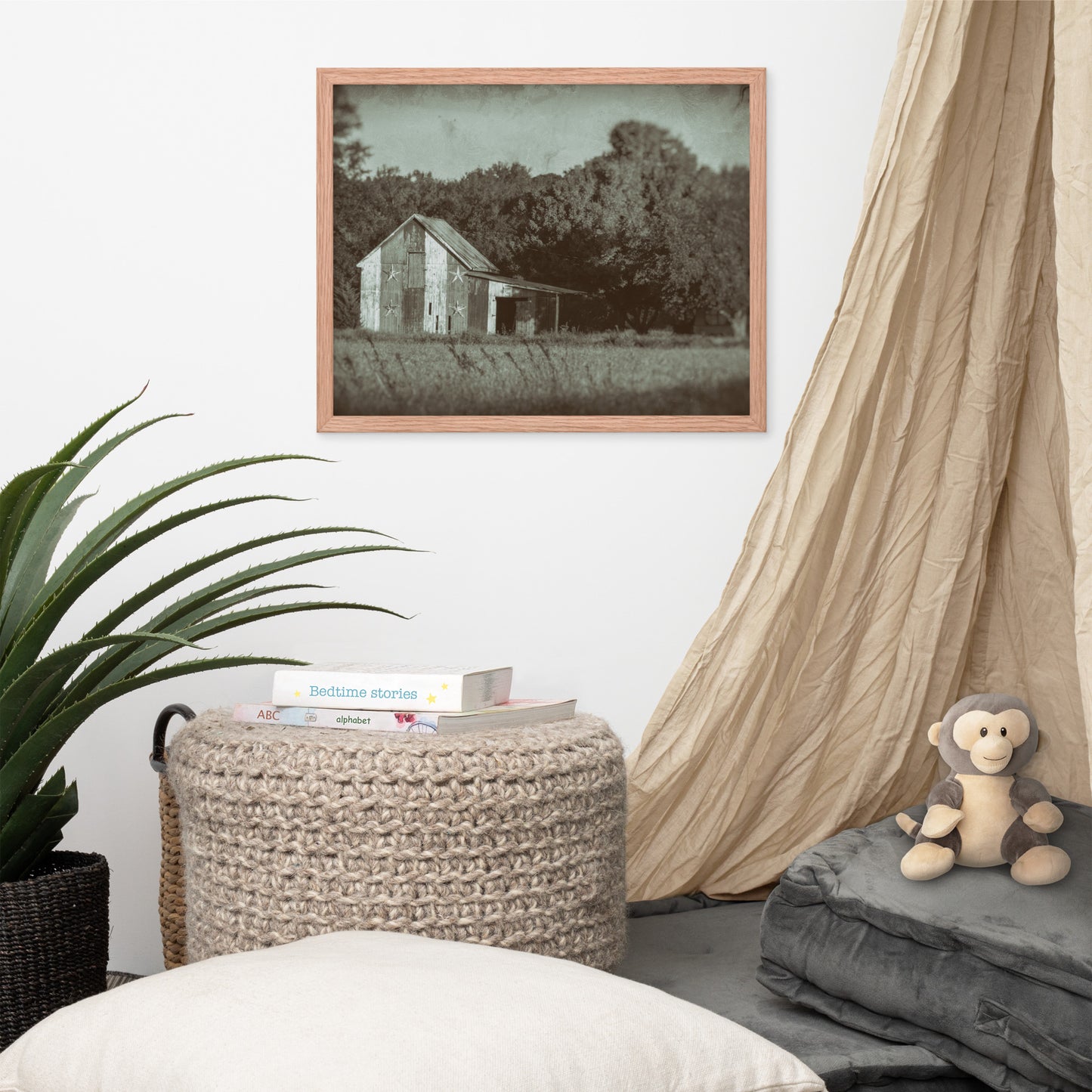 Patriotic Barn in Field Vintage Black and White Glass Plate Framed Photo Paper Wall Art Prints