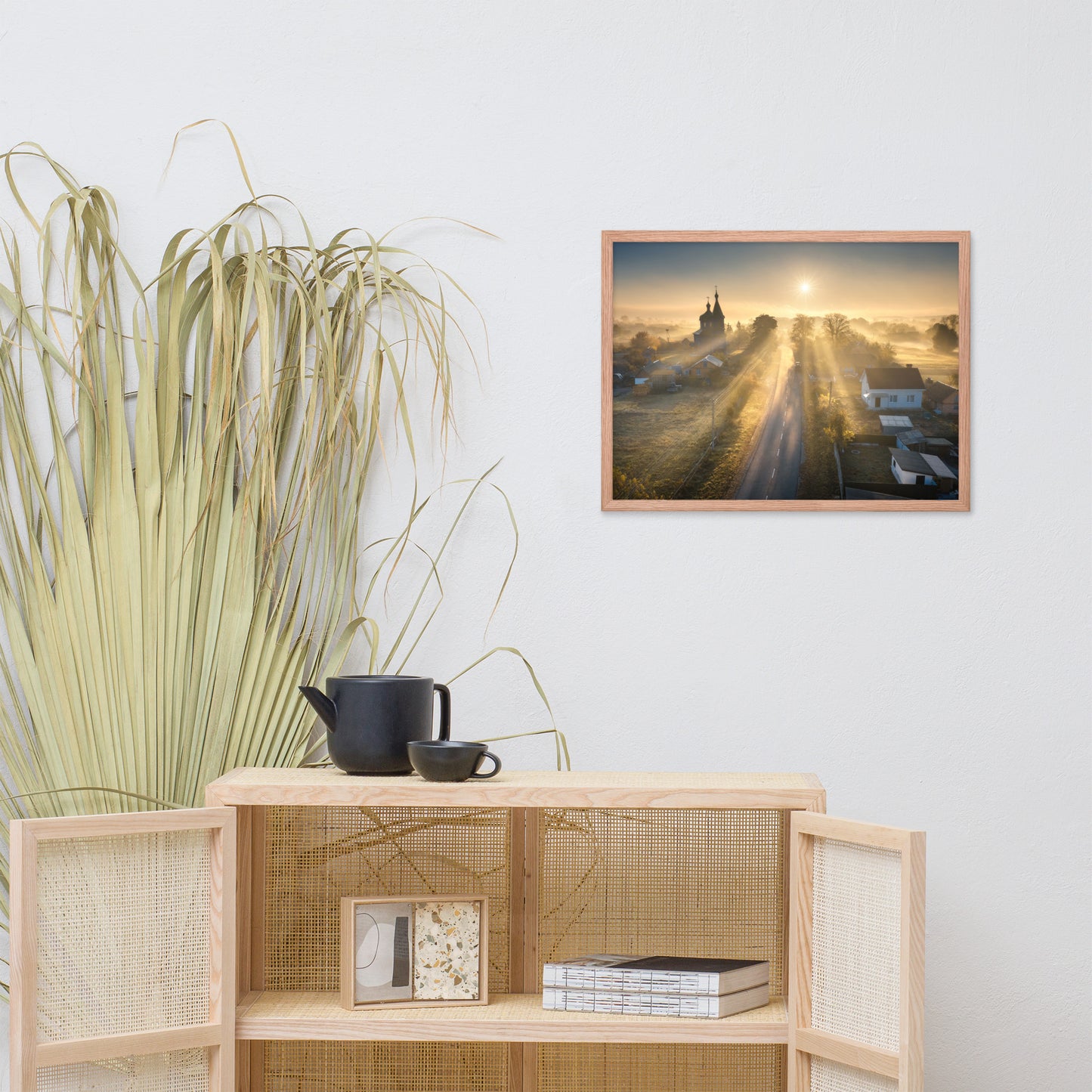 Misty Rural Town Sunrise in Autumn with Glory Rays Framed Wall Art Prints
