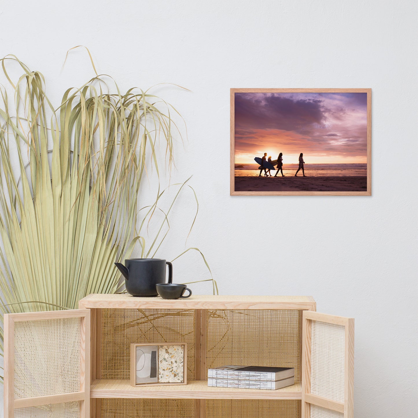 Surfers and Sunset on the Shore Coastal Landscape Lifestyle Photograph Framed Wall Art Print