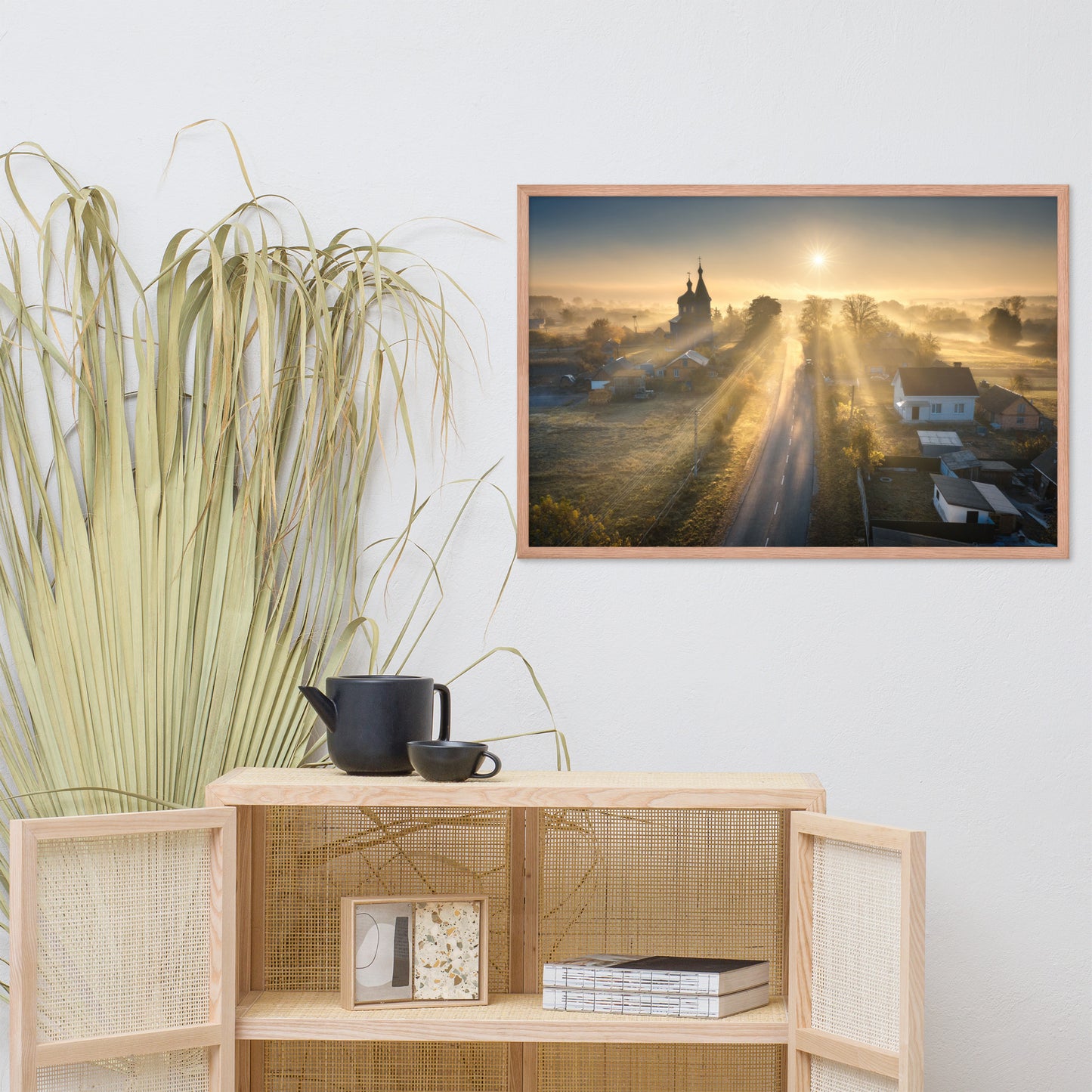 Misty Rural Town Sunrise in Autumn with Glory Rays Framed Wall Art Prints