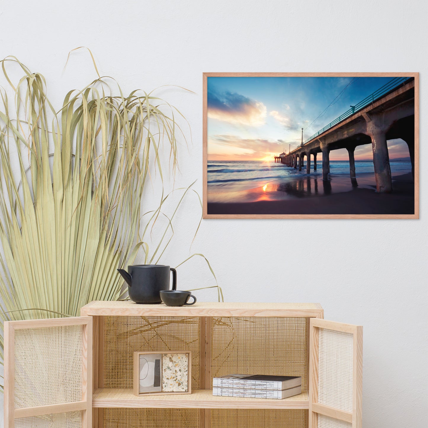 Tranquil Manhattan Beach Pier at Sunset Coastal Landscape Photo Framed Wall Art Prints