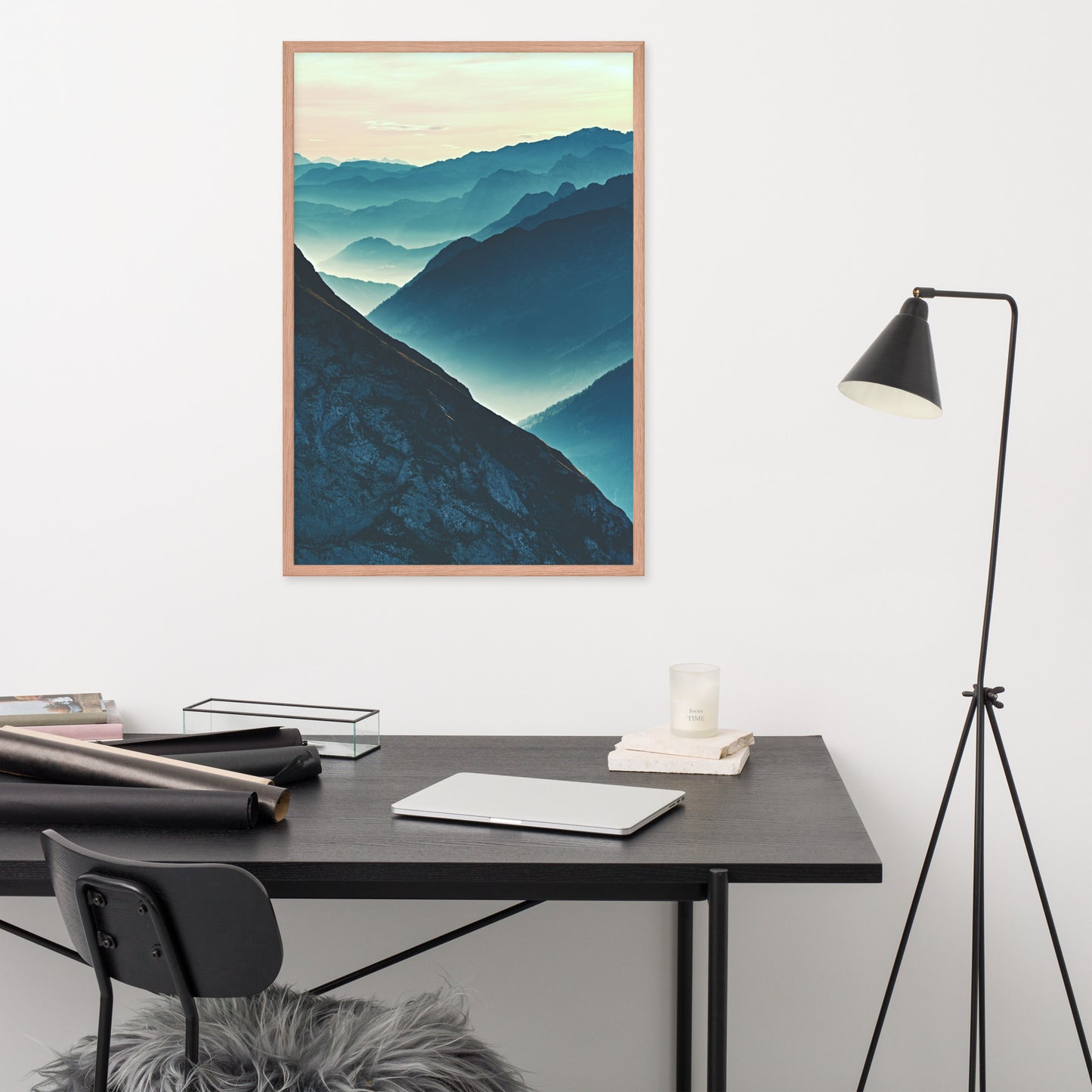 Misty Blue Silhouette Mountain Range Framed Photo Paper Wall Art Prints