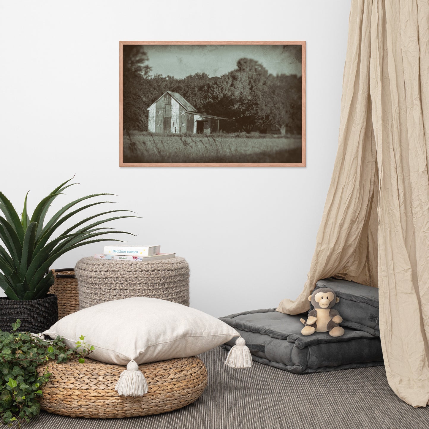 Patriotic Barn in Field Vintage Black and White Glass Plate Framed Photo Paper Wall Art Prints