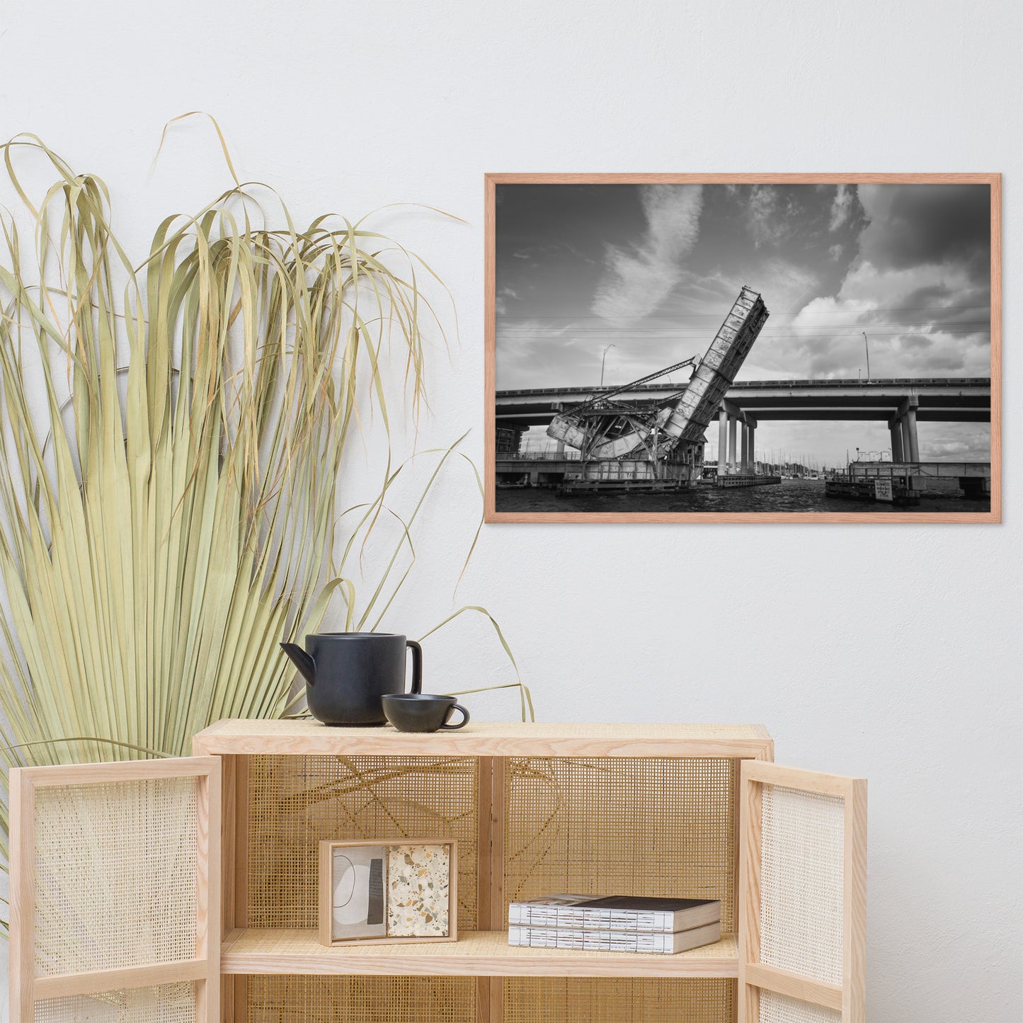 Train Drawbridge Jacksonville Black and White Cityscape Photo Framed Wall Art Print
