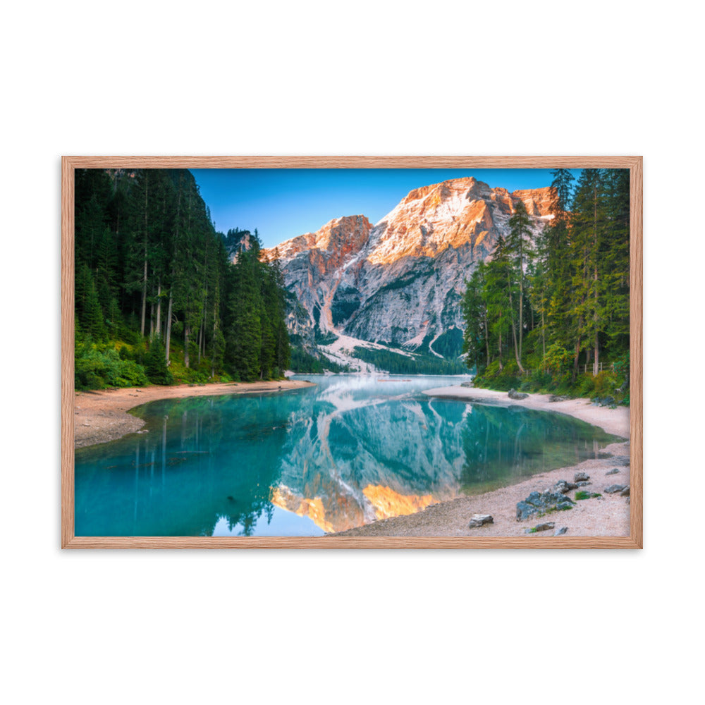 Large Farmhouse Style Wall Art: Misty Lake and Snow - cap Mountain Reflections - Rural / Country Style / Rustic / Landscape / Nature Photograph Framed Wall Art Print - Artwork - Wall Decor