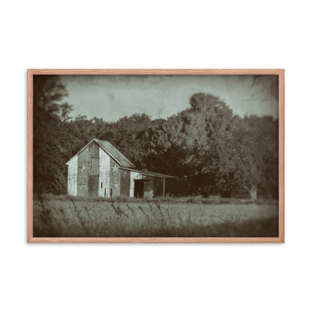 Patriotic Barn in Field Vintage Black and White Glass Plate Framed Photo Paper Wall Art Prints
