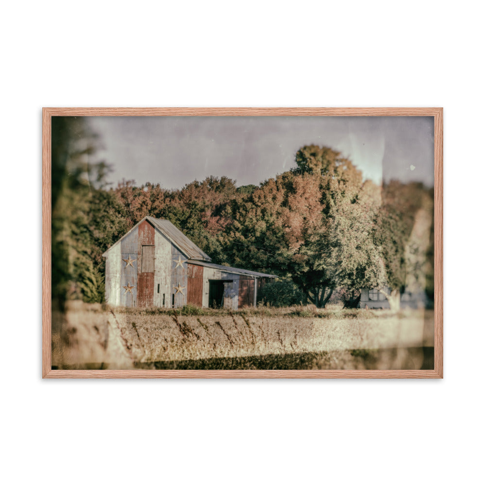 Patriotic Weathered Barn in Field - Glass Plate Framed Photo Paper Wall Art Prints