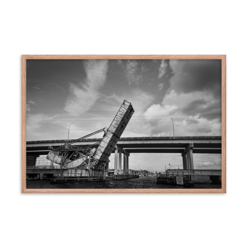 Train Drawbridge Jacksonville Black and White Cityscape Photo Framed Wall Art Print
