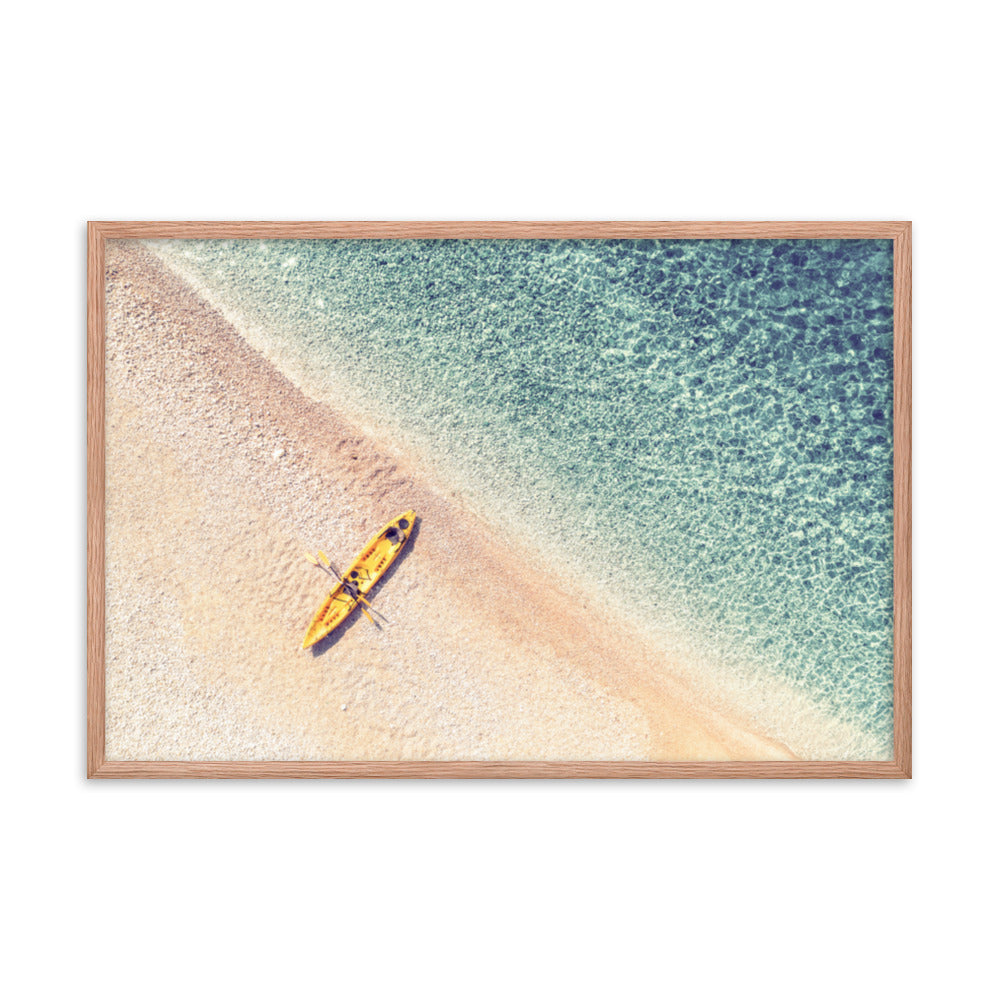 Yellow Canoe and Blue Sea by with Soft Violet Effect Framed Wall Art Prints