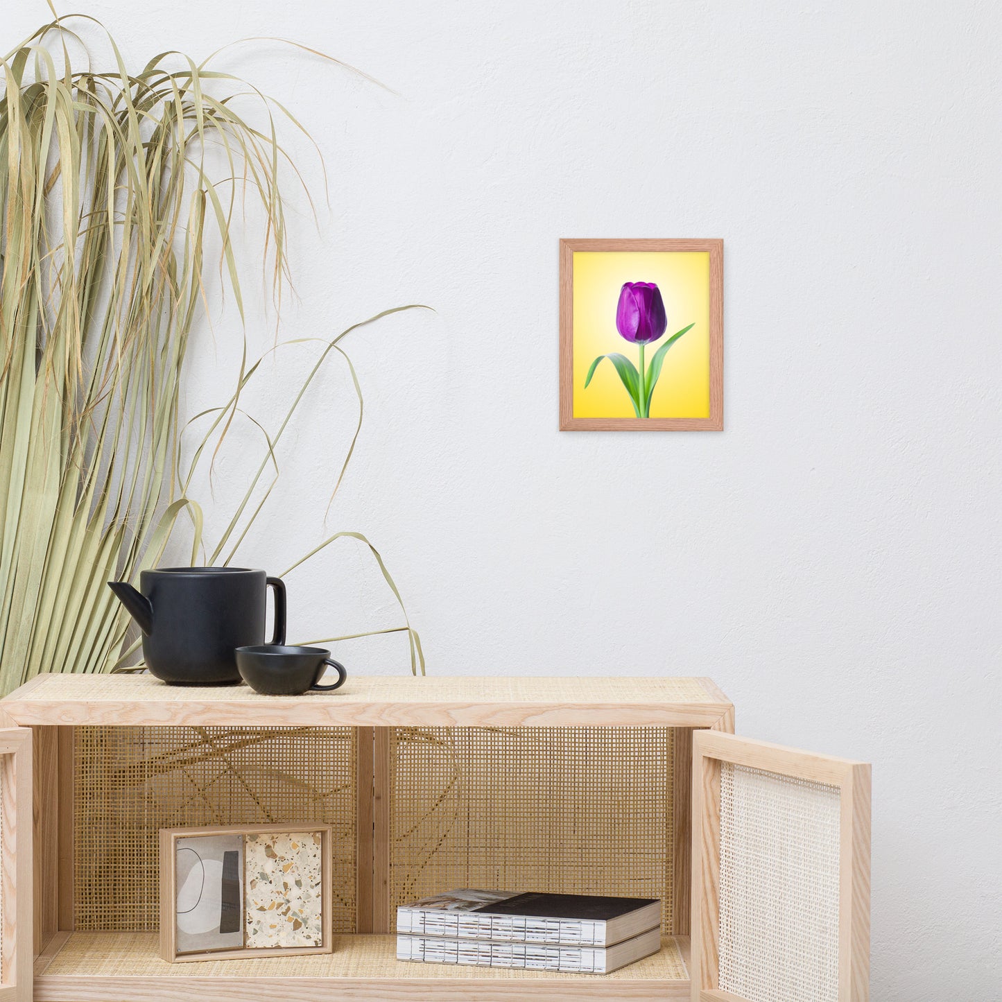 Purple Tulip on Yellow Minimal Floral Nature Photo Framed Wall Art Print