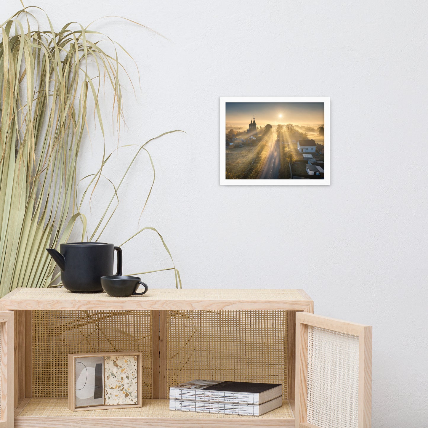 Misty Rural Town Sunrise in Autumn with Glory Rays Framed Wall Art Prints