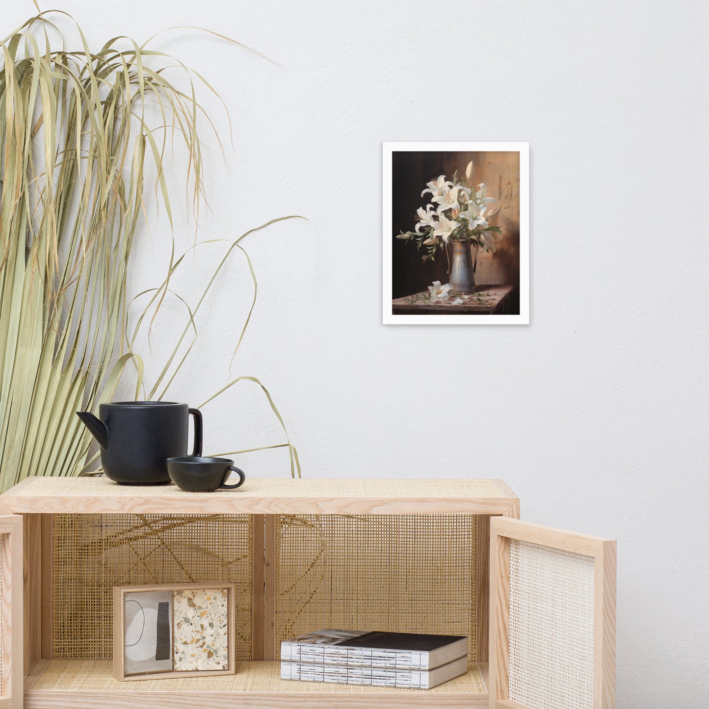 Wall Decor Modern Rustic: Luminous Tranquility Vase with Flowers Floral Still Life Pastel Drawing Painting Effect Digital Wall Art Print White Frame 11" x 14"