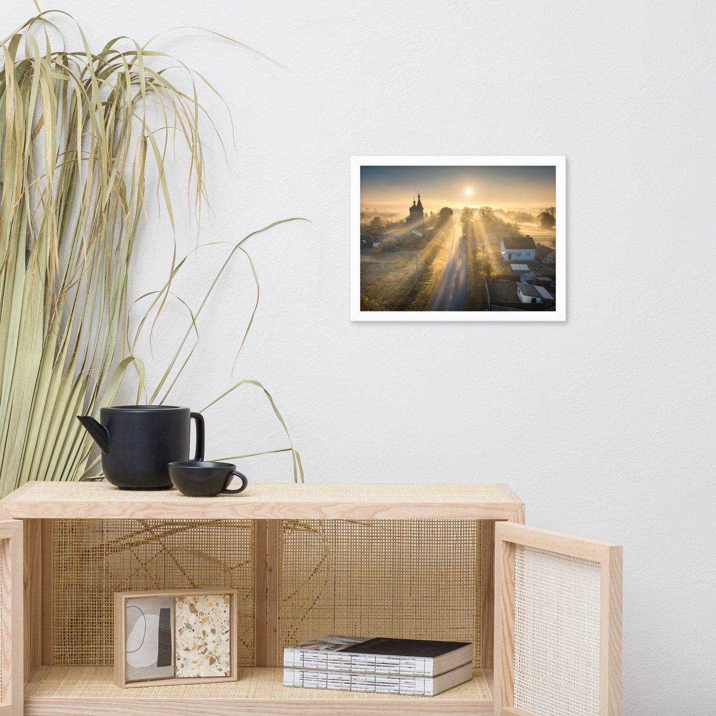 Misty Rural Town Sunrise in Autumn with Glory Rays Framed Wall Art Prints