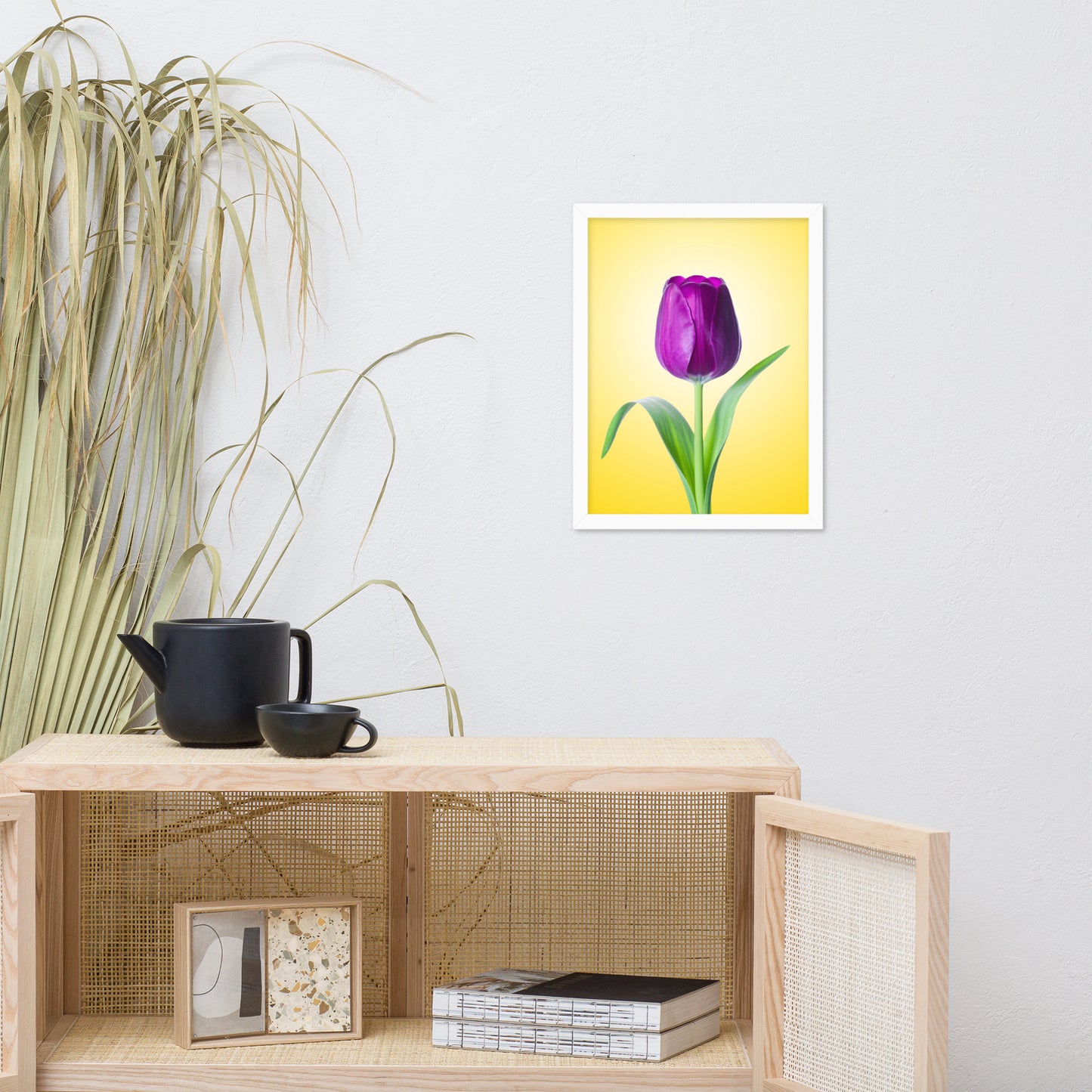 Purple Tulip on Yellow Minimal Floral Nature Photo Framed Wall Art Print