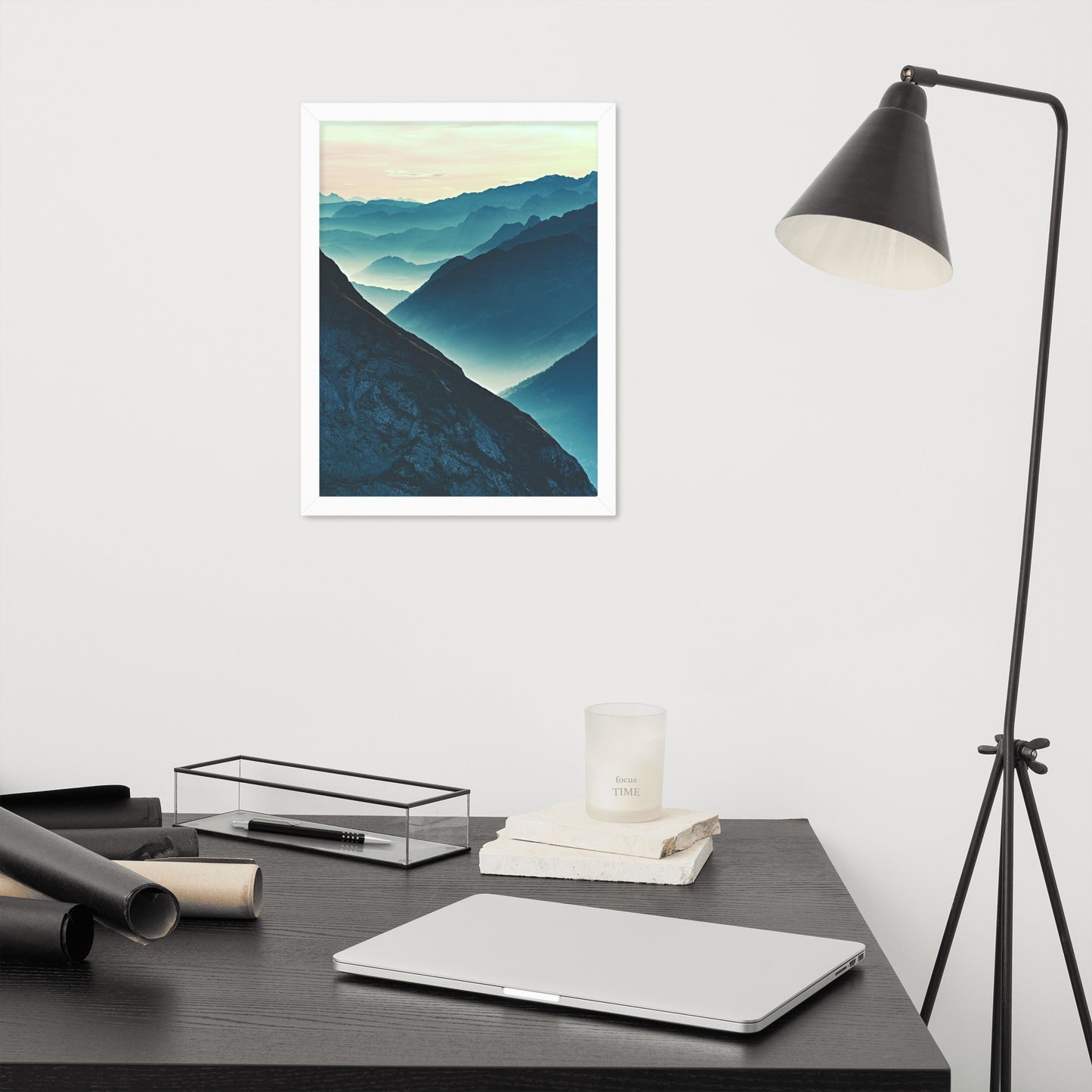 Misty Blue Silhouette Mountain Range Framed Photo Paper Wall Art Prints