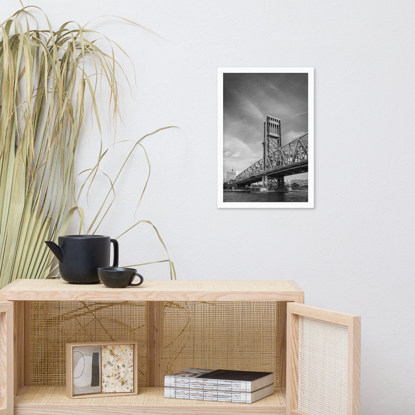 Lift Bridge of Jacksonville Florida Black and White Urban Landscape Photo Framed Wall Art Print