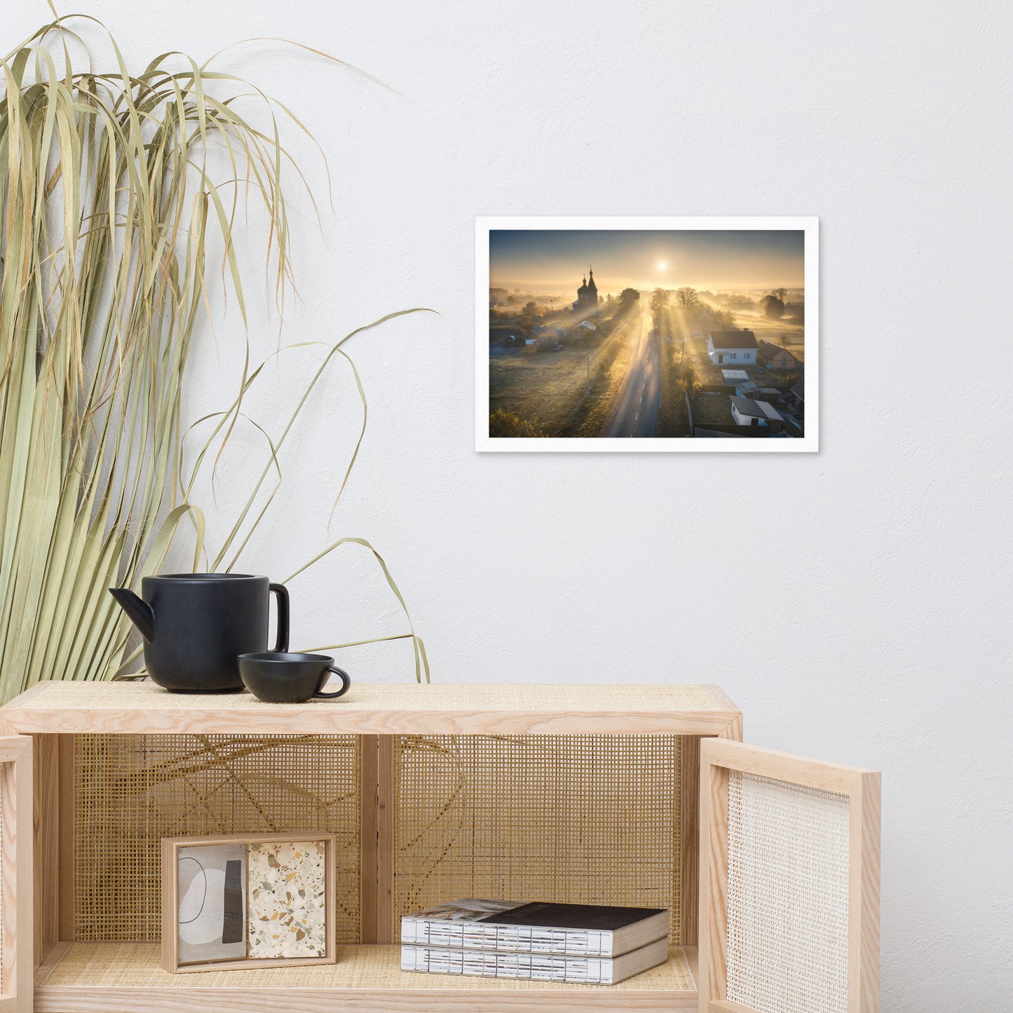 Misty Rural Town Sunrise in Autumn with Glory Rays Framed Wall Art Prints