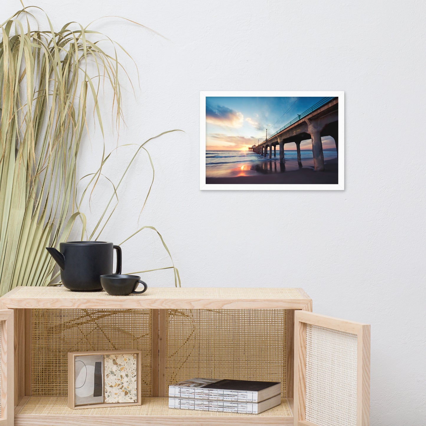 Tranquil Manhattan Beach Pier at Sunset Coastal Landscape Photo Framed Wall Art Prints