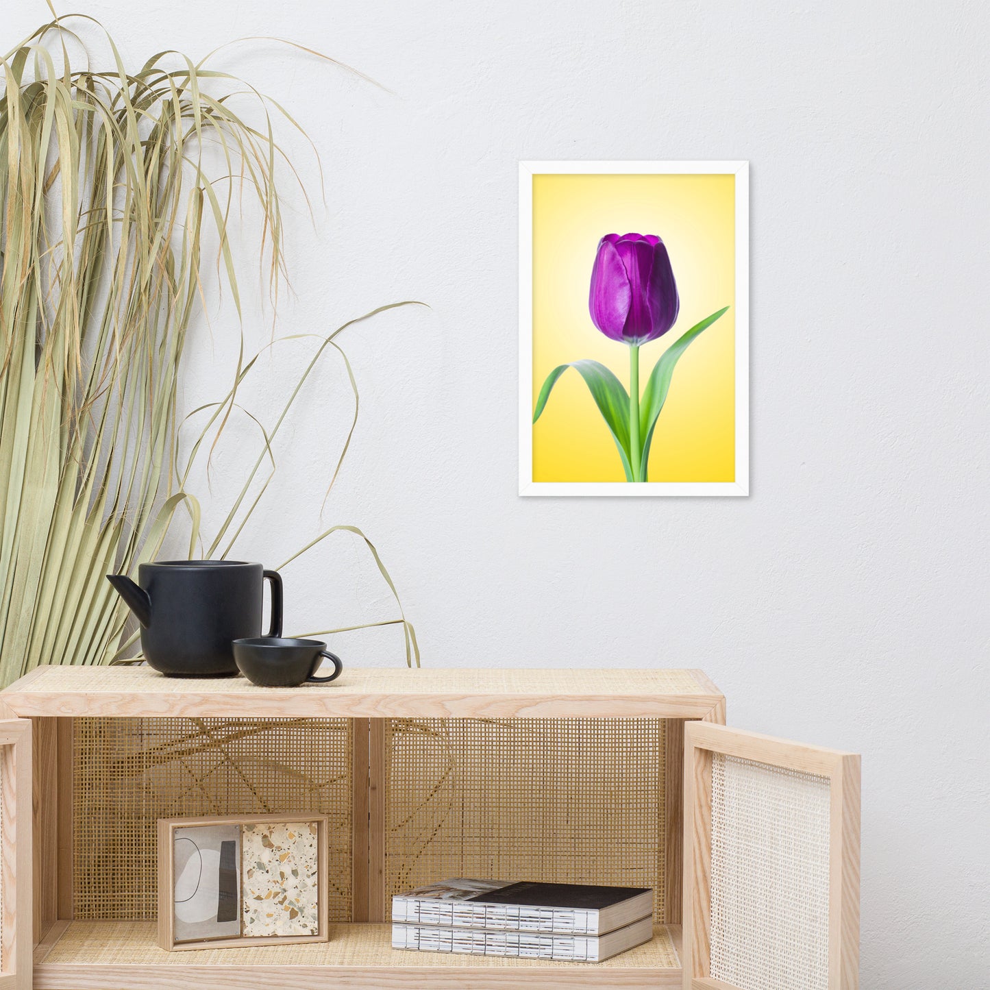 Purple Tulip on Yellow Minimal Floral Nature Photo Framed Wall Art Print