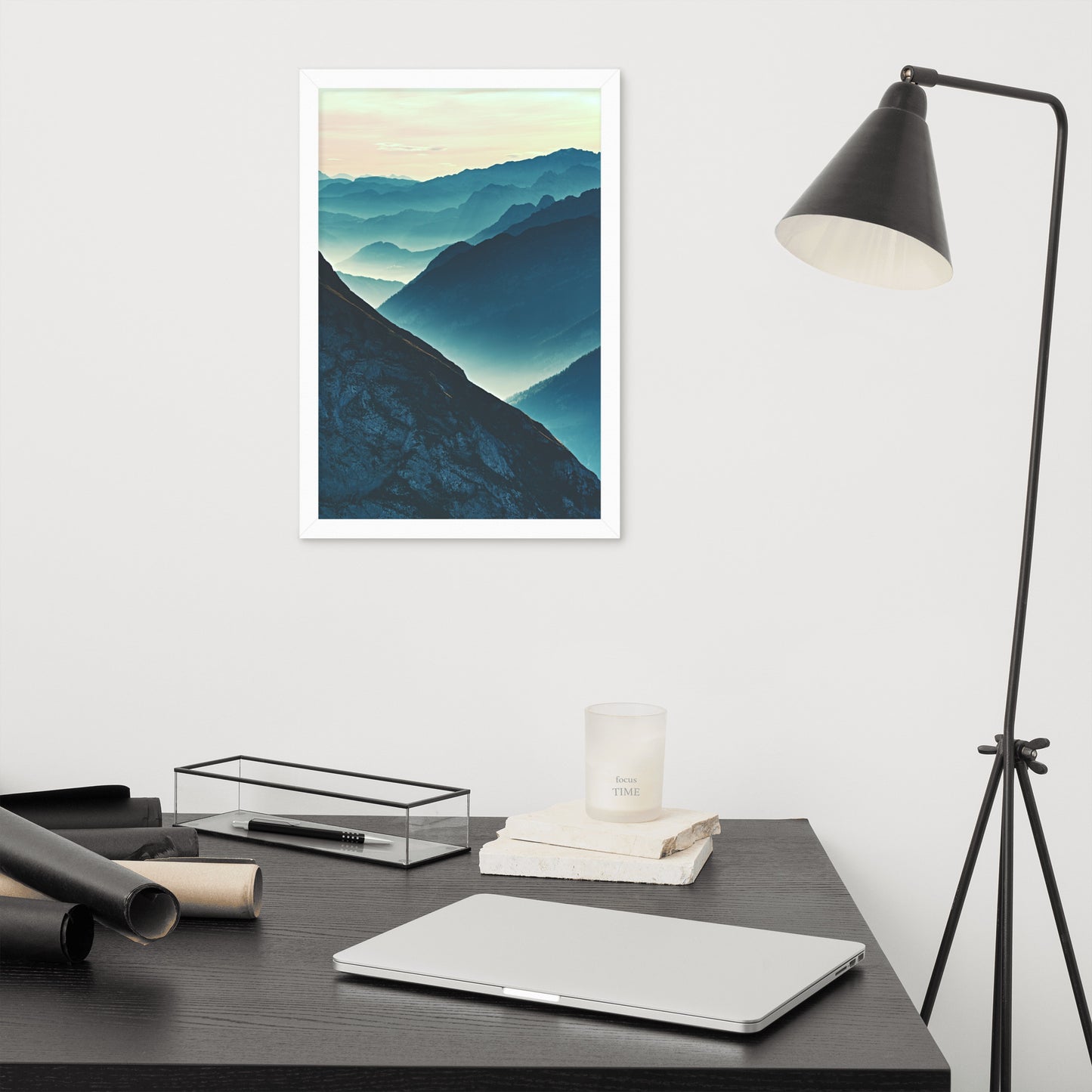 Misty Blue Silhouette Mountain Range Framed Photo Paper Wall Art Prints