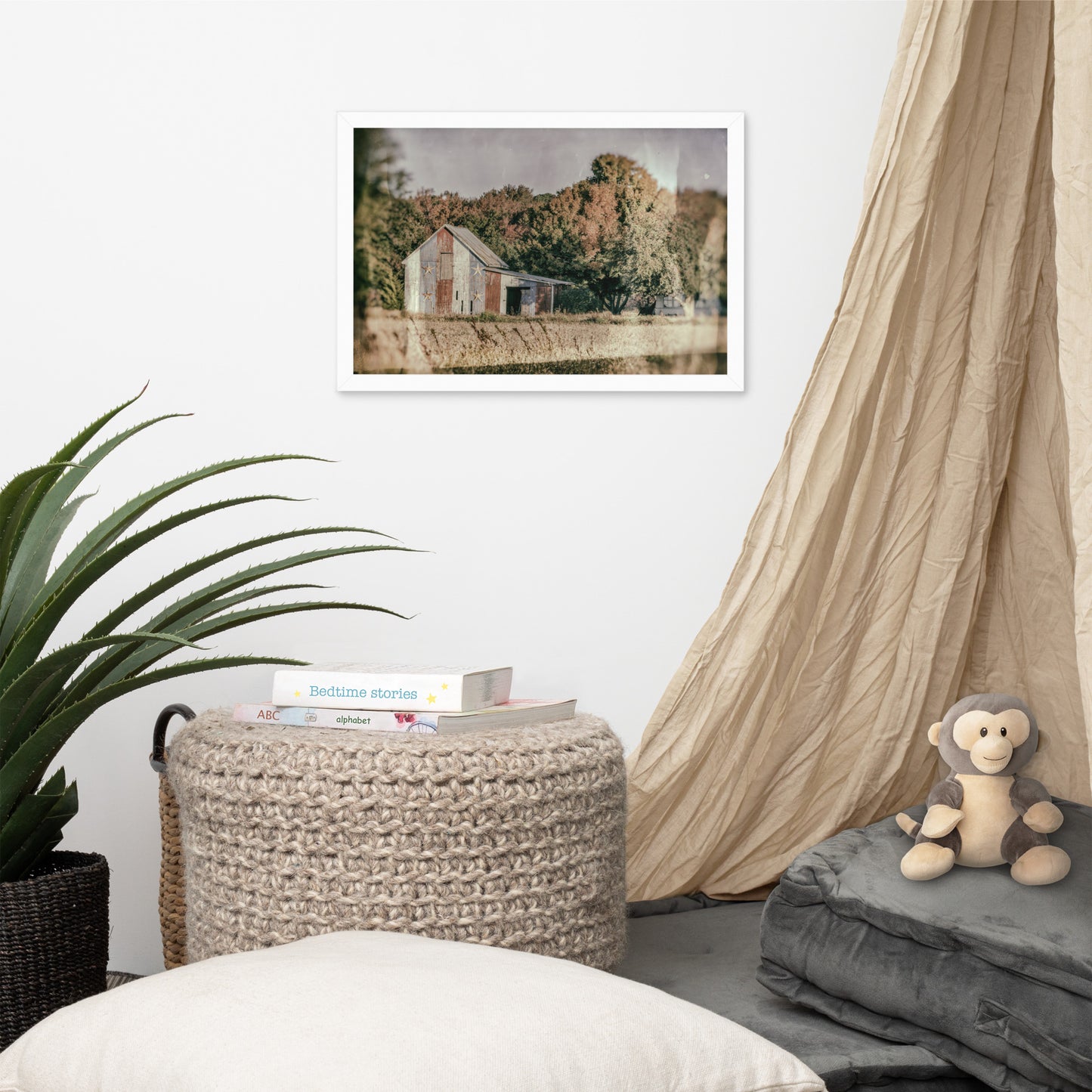 Patriotic Weathered Barn in Field - Glass Plate Framed Photo Paper Wall Art Prints