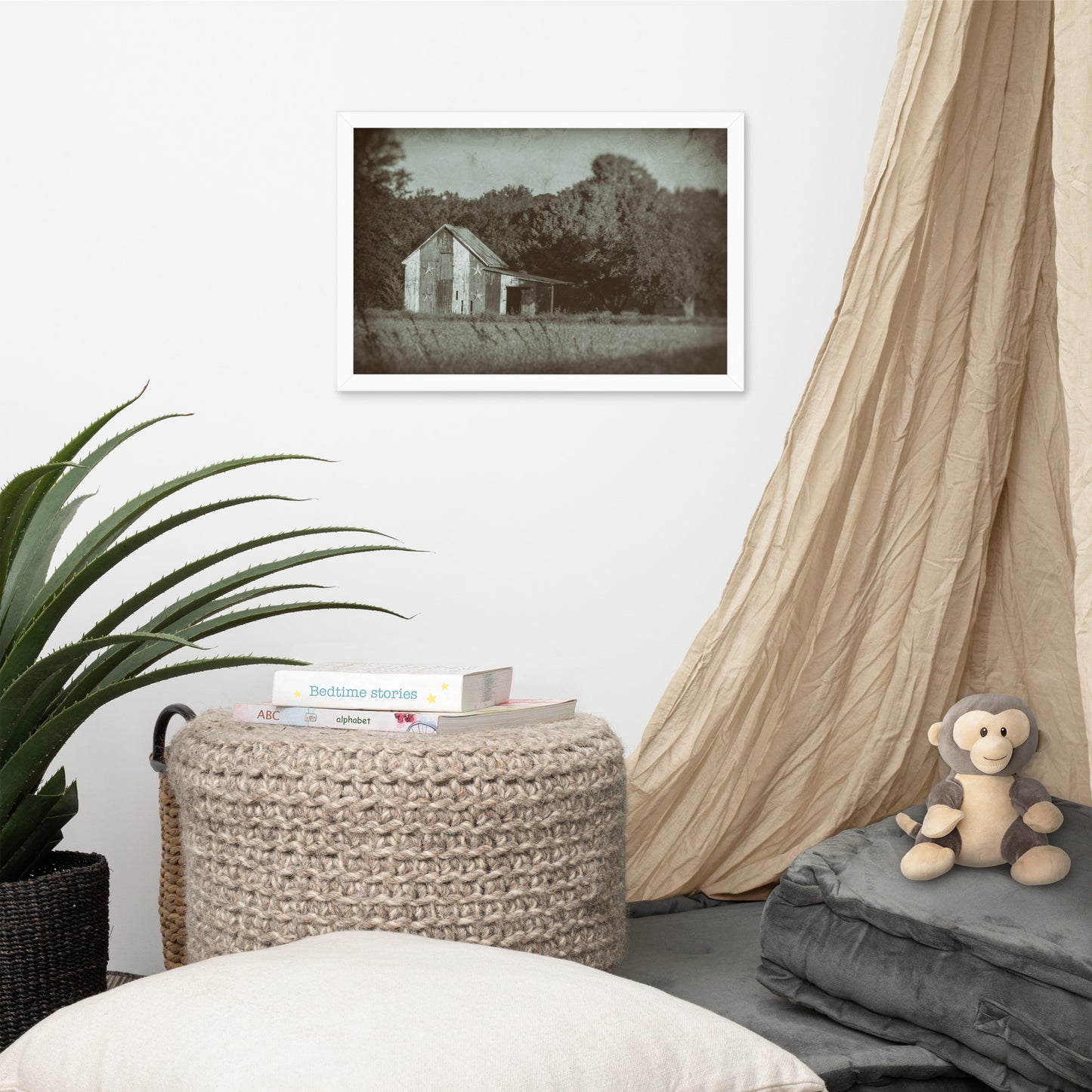 Patriotic Barn in Field Vintage Black and White Glass Plate Framed Photo Paper Wall Art Prints