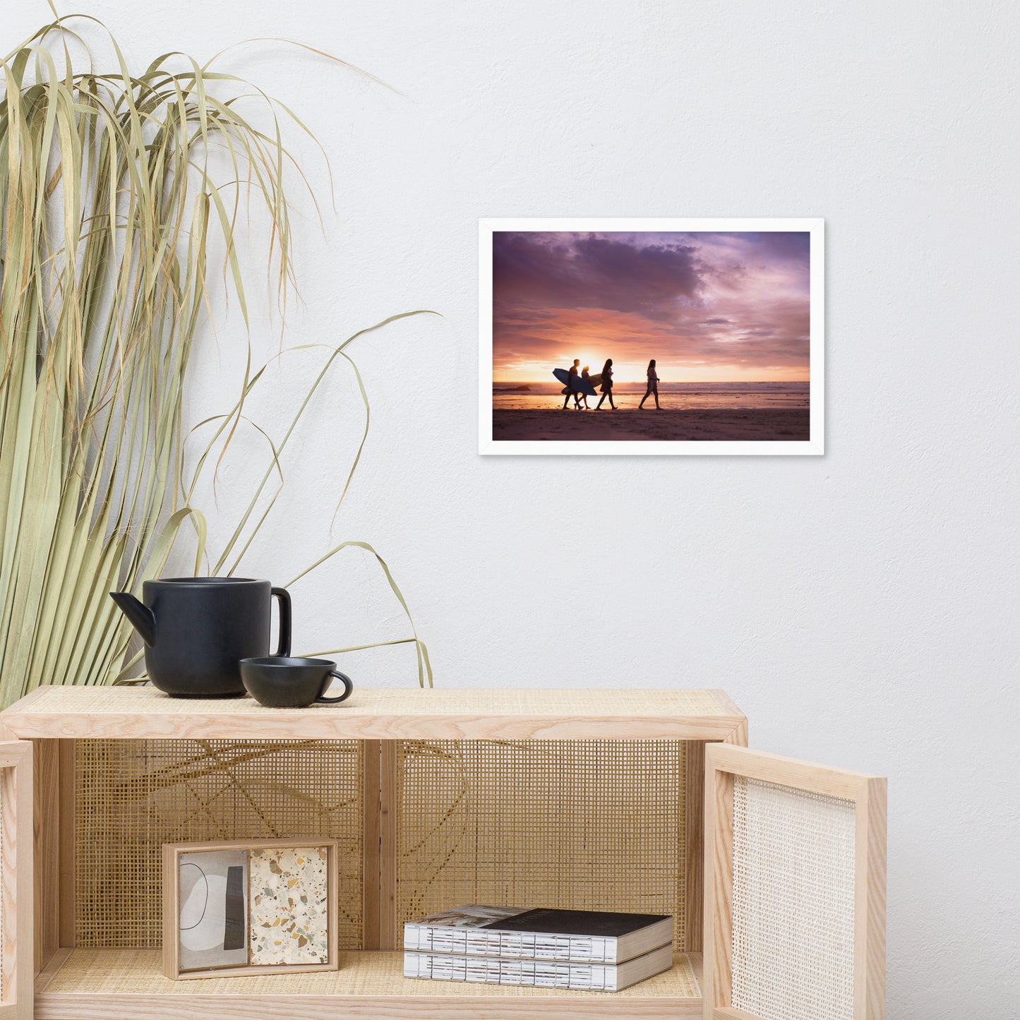 Surfers and Sunset on the Shore Coastal Landscape Lifestyle Photograph Framed Wall Art Print
