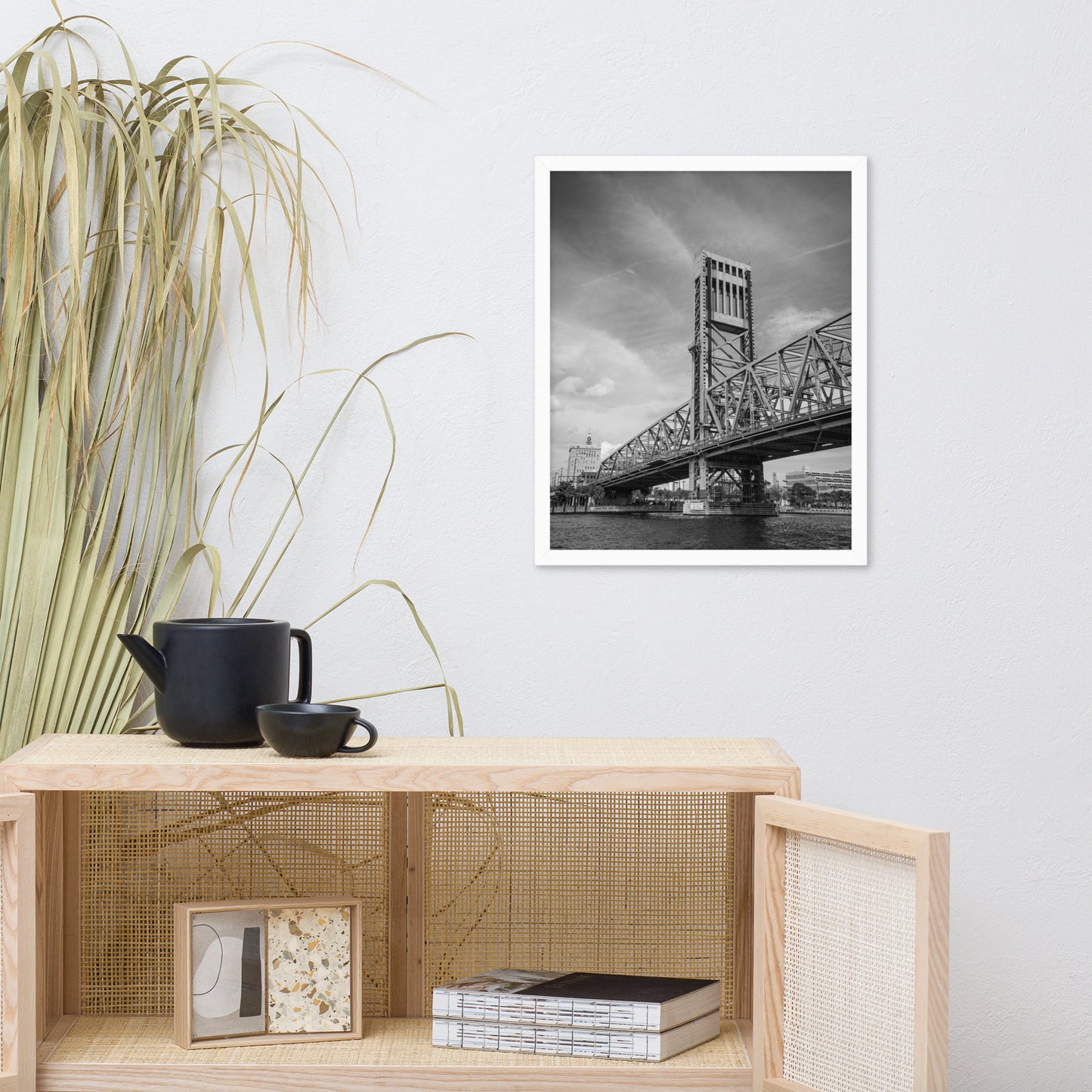 Lift Bridge of Jacksonville Florida Black and White Urban Landscape Photo Framed Wall Art Print