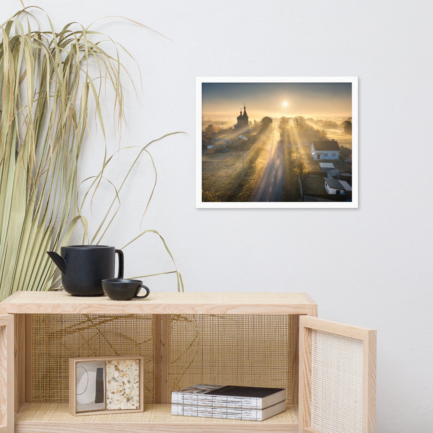 Misty Rural Town Sunrise in Autumn with Glory Rays Framed Wall Art Prints