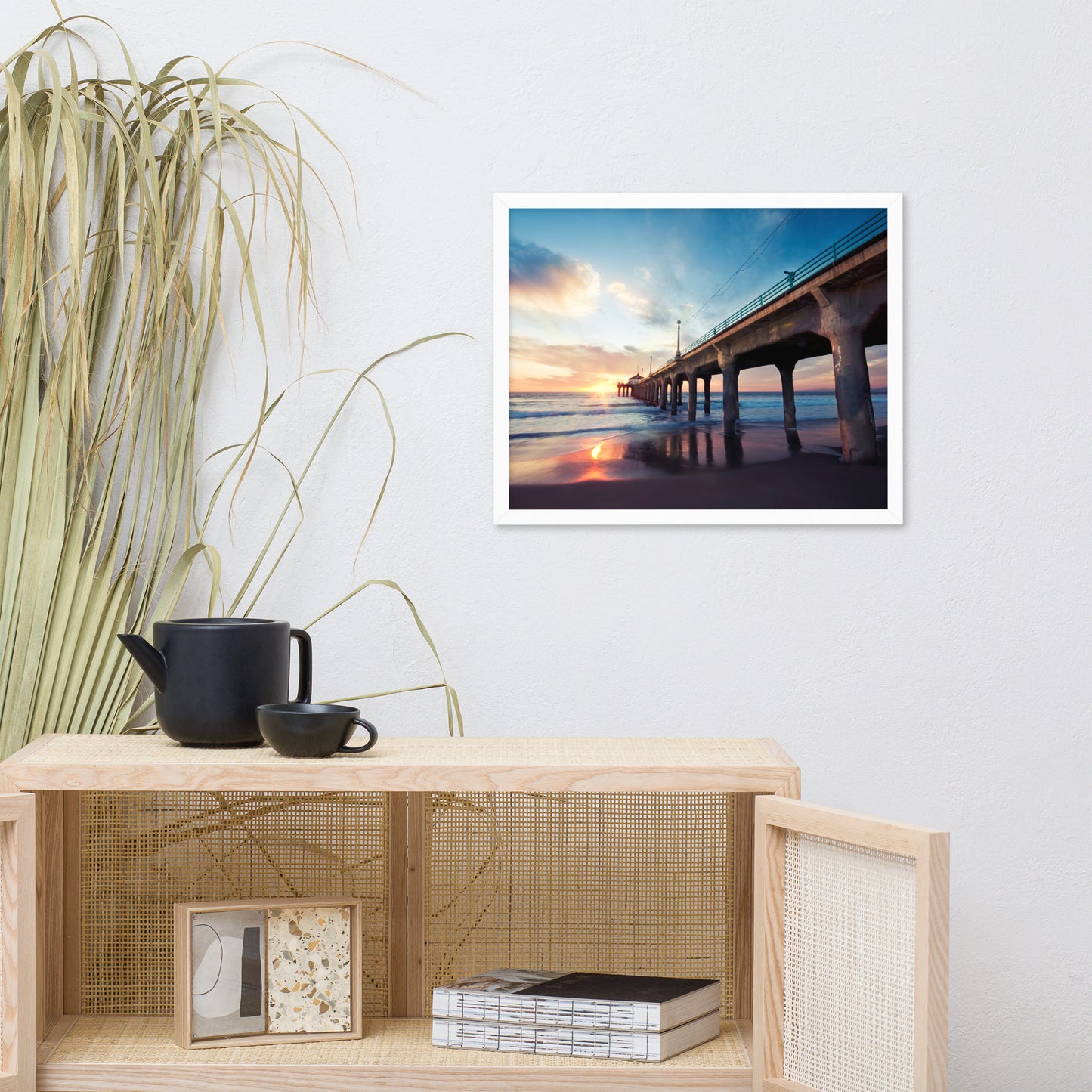 Tranquil Manhattan Beach Pier at Sunset Coastal Landscape Photo Framed Wall Art Prints
