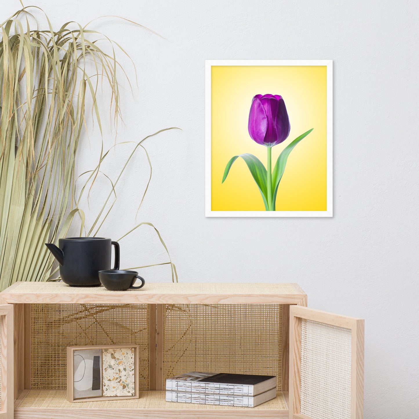 Purple Tulip on Yellow Minimal Floral Nature Photo Framed Wall Art Print