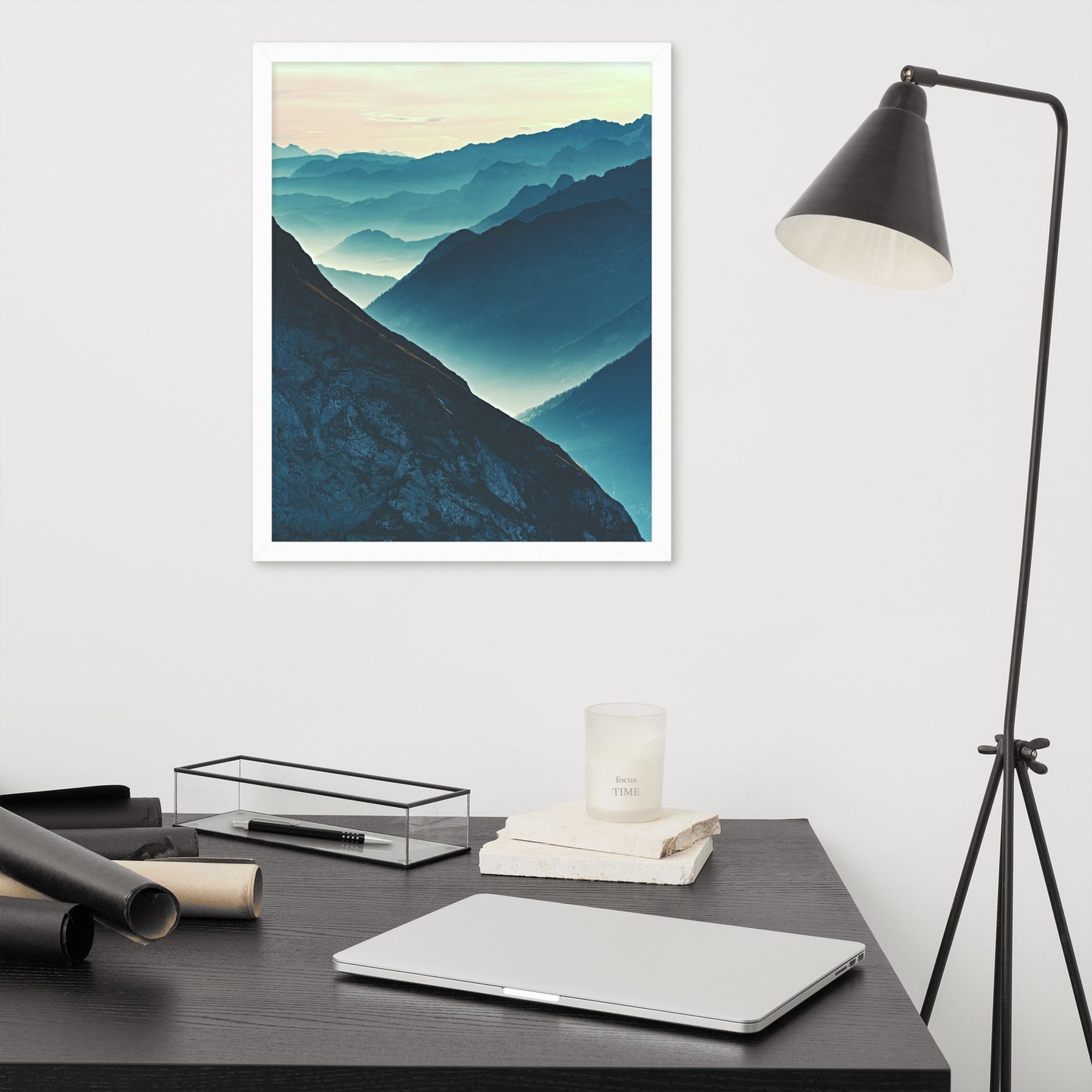 Misty Blue Silhouette Mountain Range Framed Photo Paper Wall Art Prints