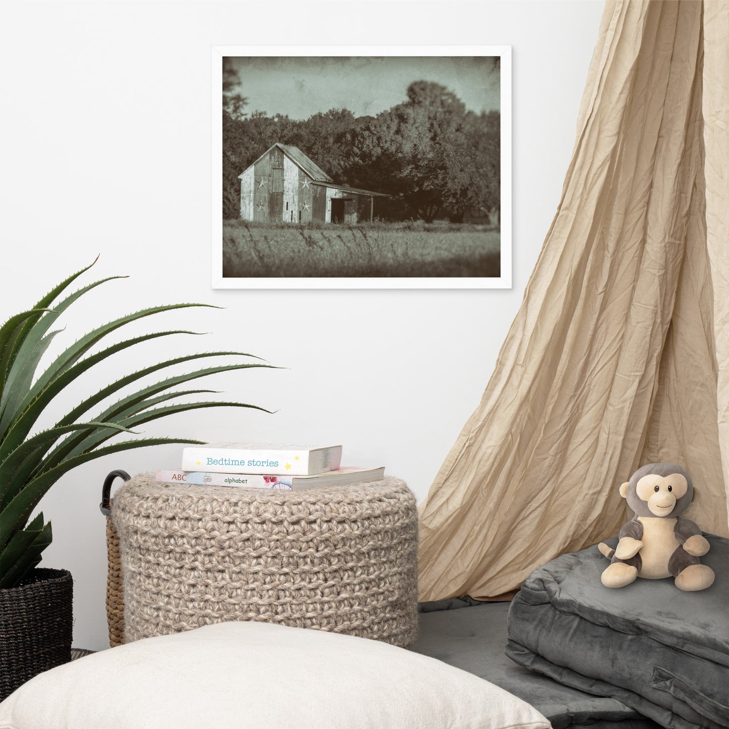 Patriotic Barn in Field Vintage Black and White Glass Plate Framed Photo Paper Wall Art Prints