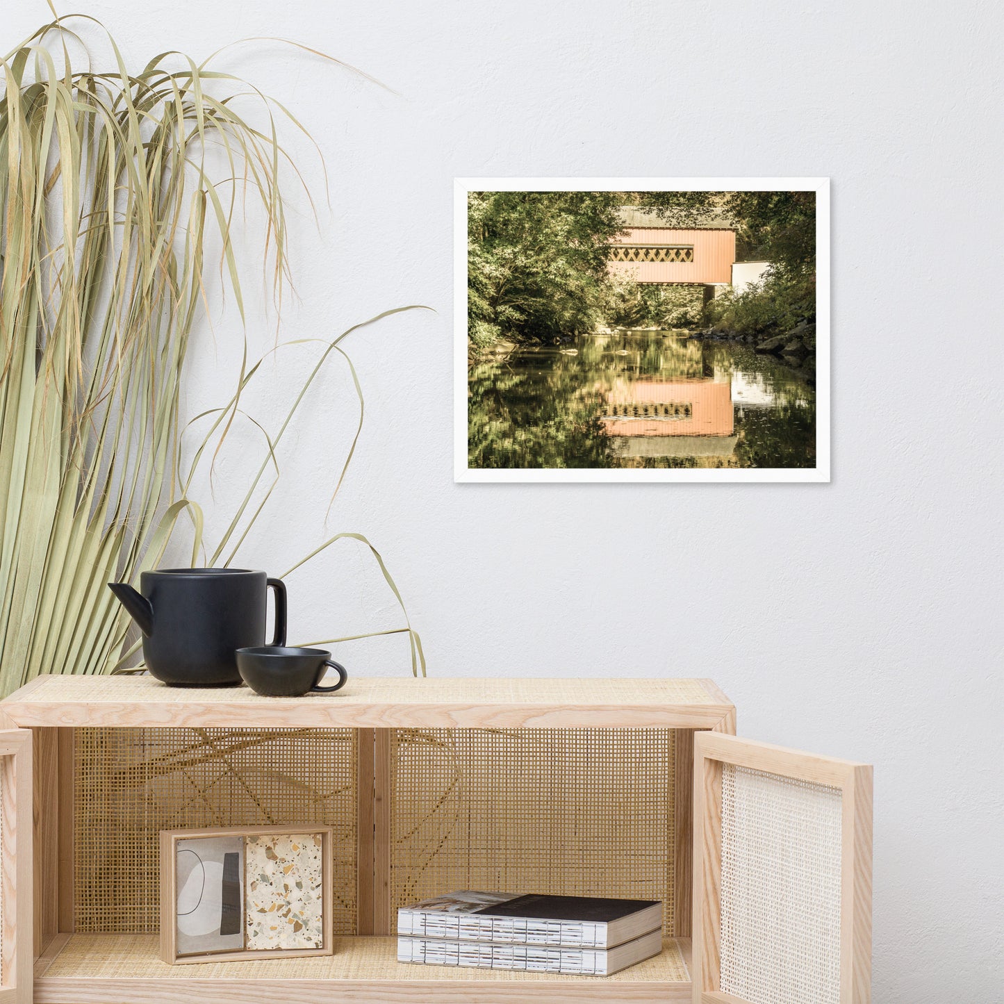 The Reflections of Wooddale Covered Bridge Aged Framed Photo Paper Wall Art Prints