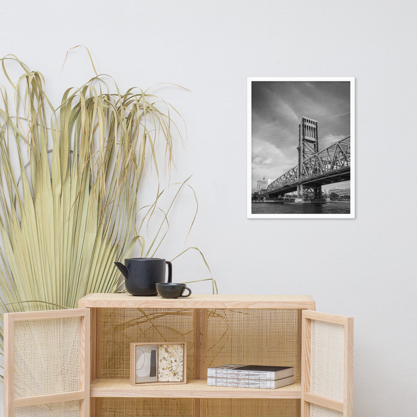 Lift Bridge of Jacksonville Florida Black and White Urban Landscape Photo Framed Wall Art Print