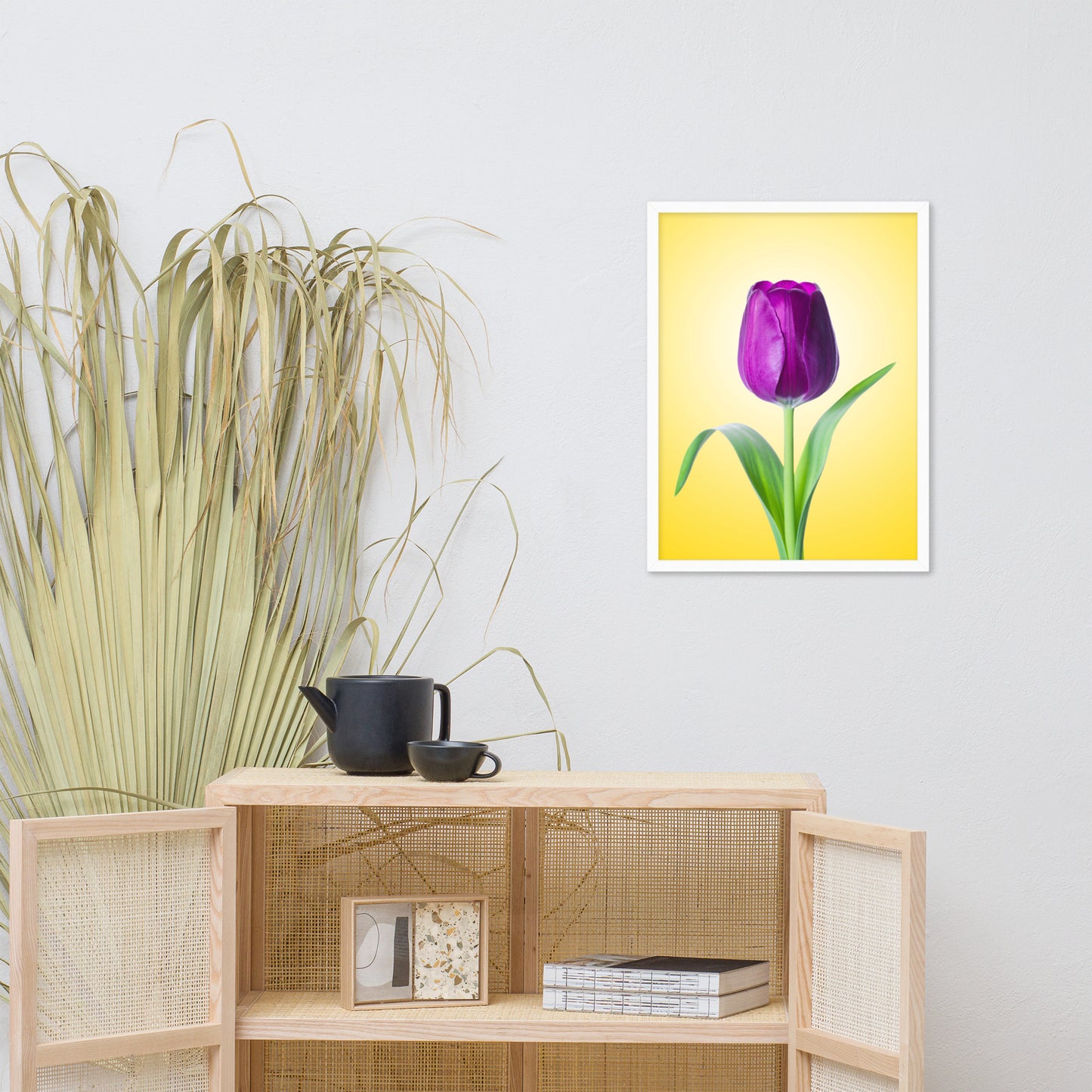 Purple Tulip on Yellow Minimal Floral Nature Photo Framed Wall Art Print