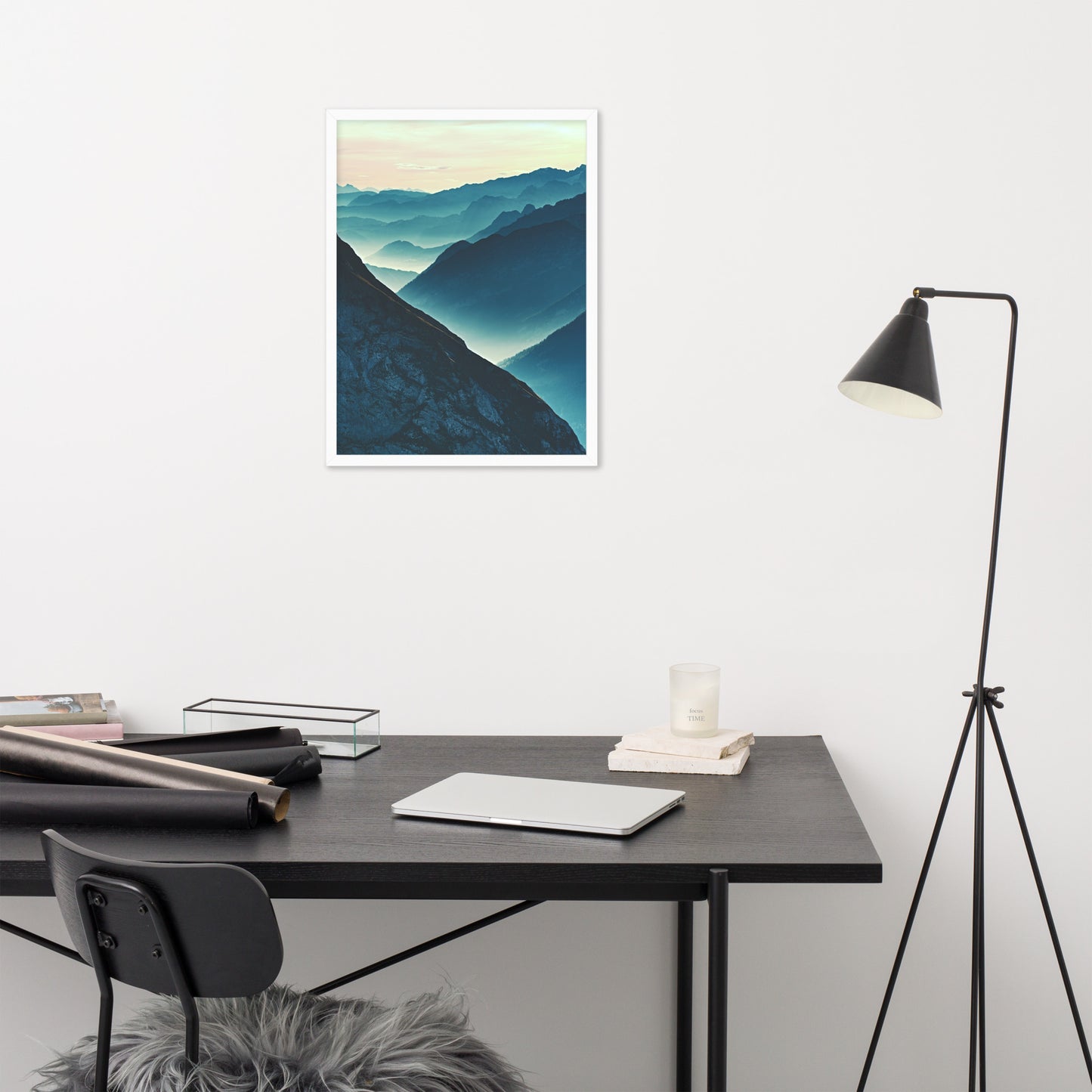 Misty Blue Silhouette Mountain Range Framed Photo Paper Wall Art Prints