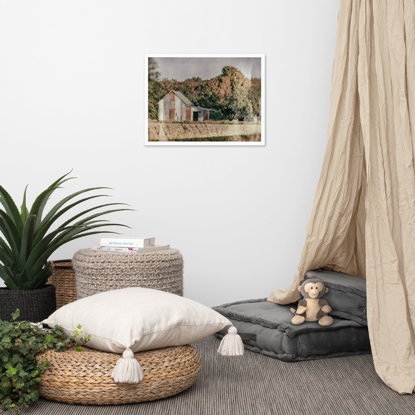 Patriotic Weathered Barn in Field - Glass Plate Framed Photo Paper Wall Art Prints