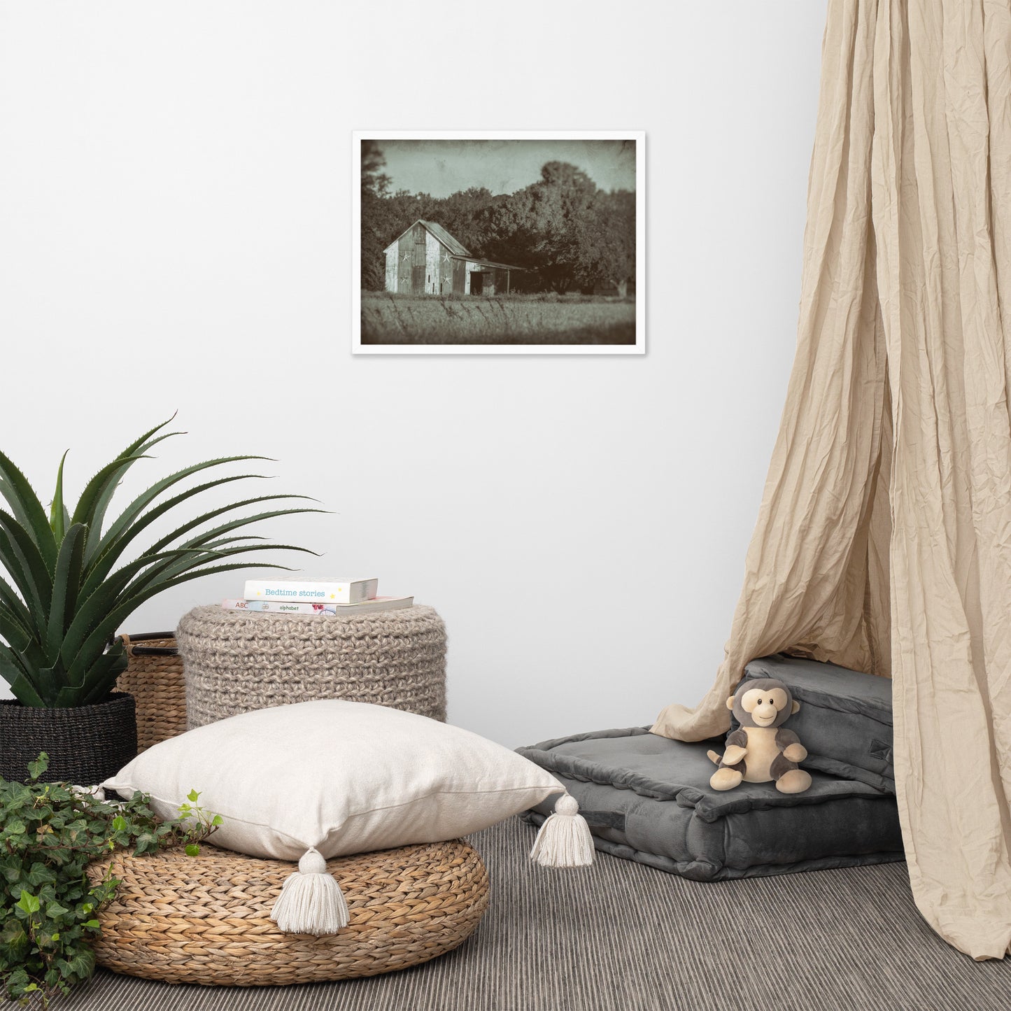 Patriotic Barn in Field Vintage Black and White Glass Plate Framed Photo Paper Wall Art Prints