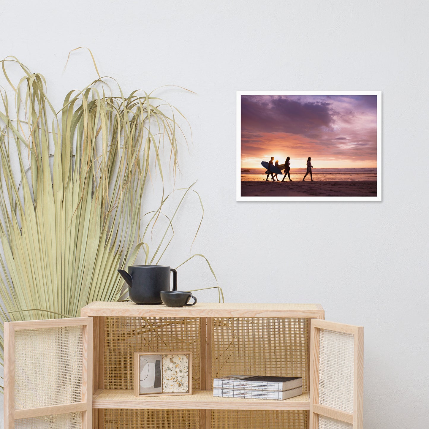 Surfers and Sunset on the Shore Coastal Landscape Lifestyle Photograph Framed Wall Art Print